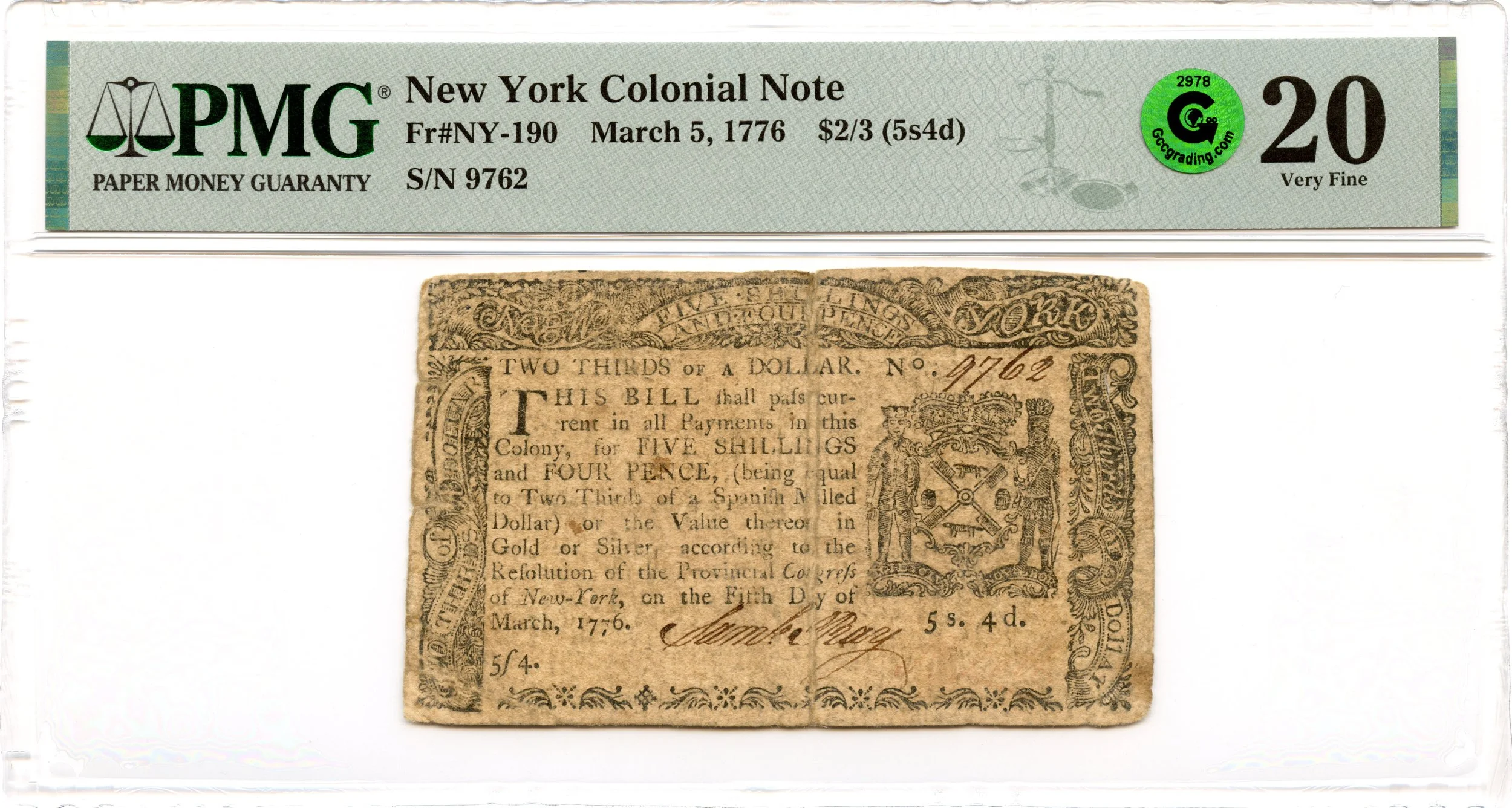 New York Colonial Note Fr#NY-190 March 5, 1776 $2/3 PMG VF-20 GCC Green