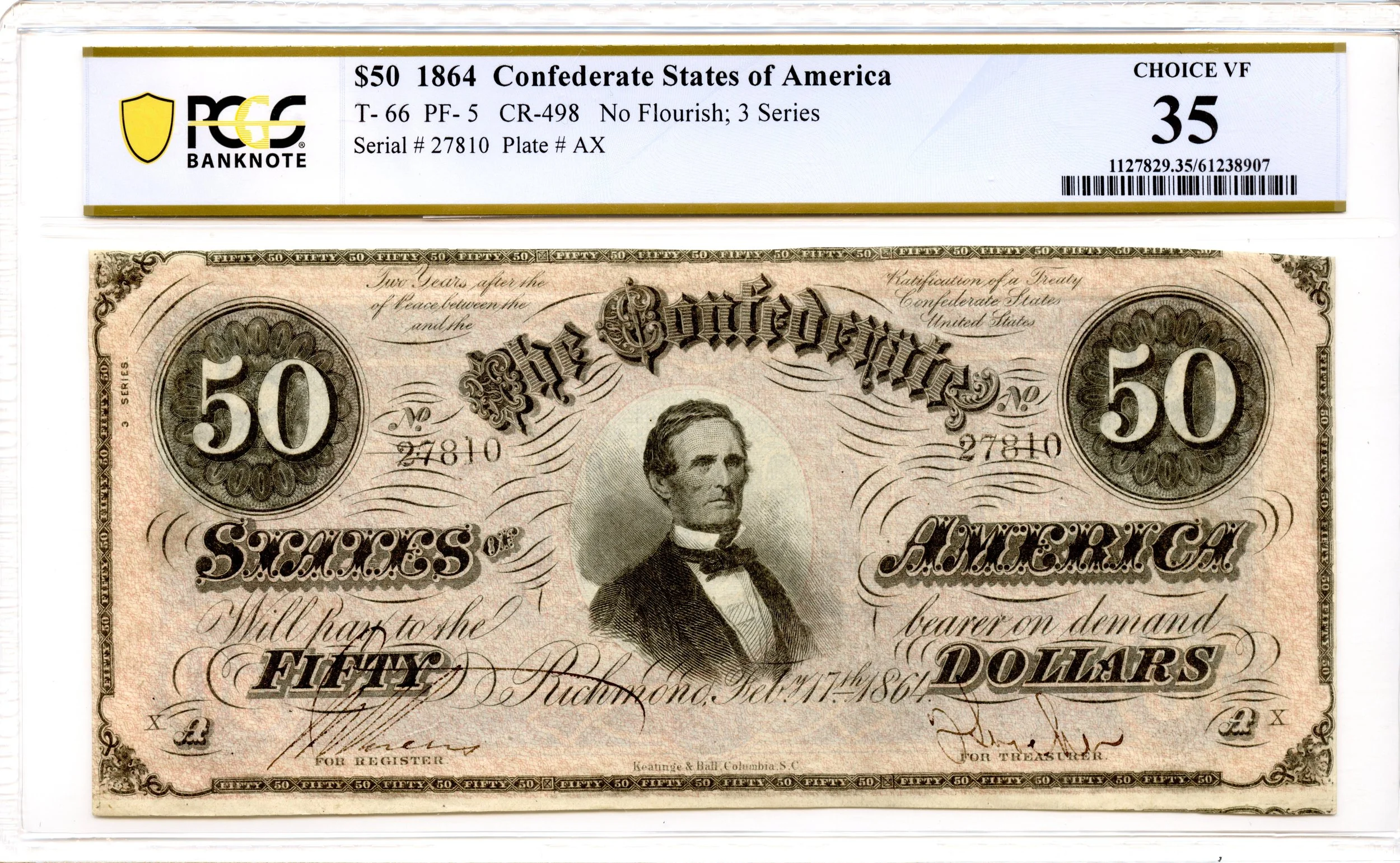 1864 $50 Confederate States of America T-66 CSA PCGS VF-35