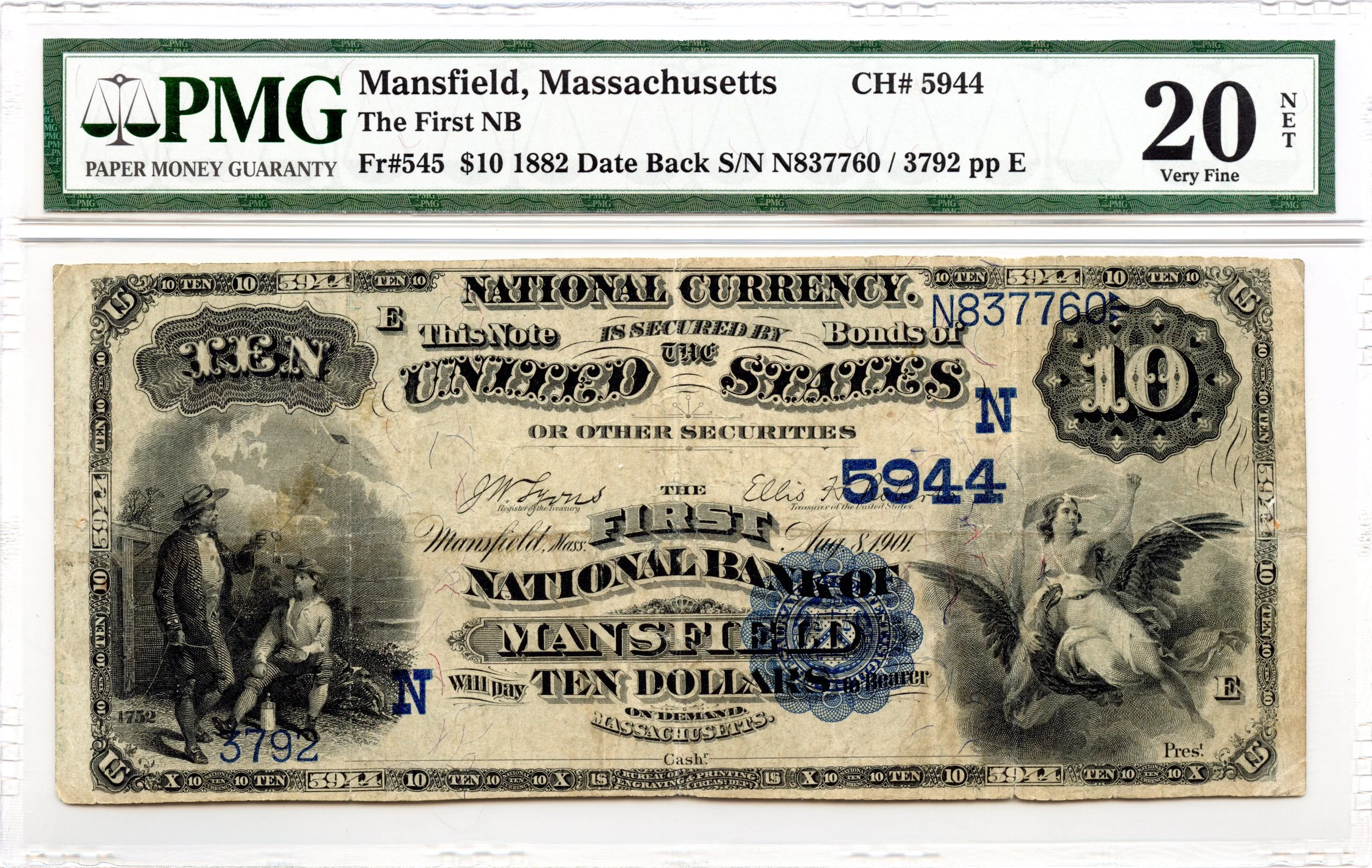 1882 $10 National Date Back Fr#545 First NB Mansfield, Massachusetts CH#5944 PMG VF-20