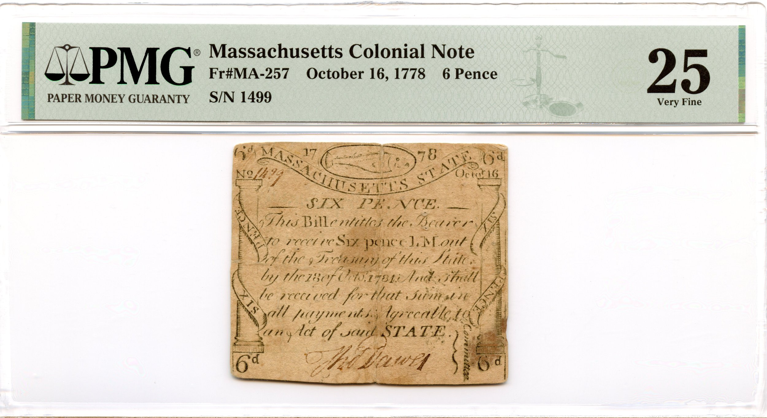 Massachusetts Colonial Note Fr#MA-257 October 16, 1778 6d PMG VF-25 *Paul Revere Codfish*