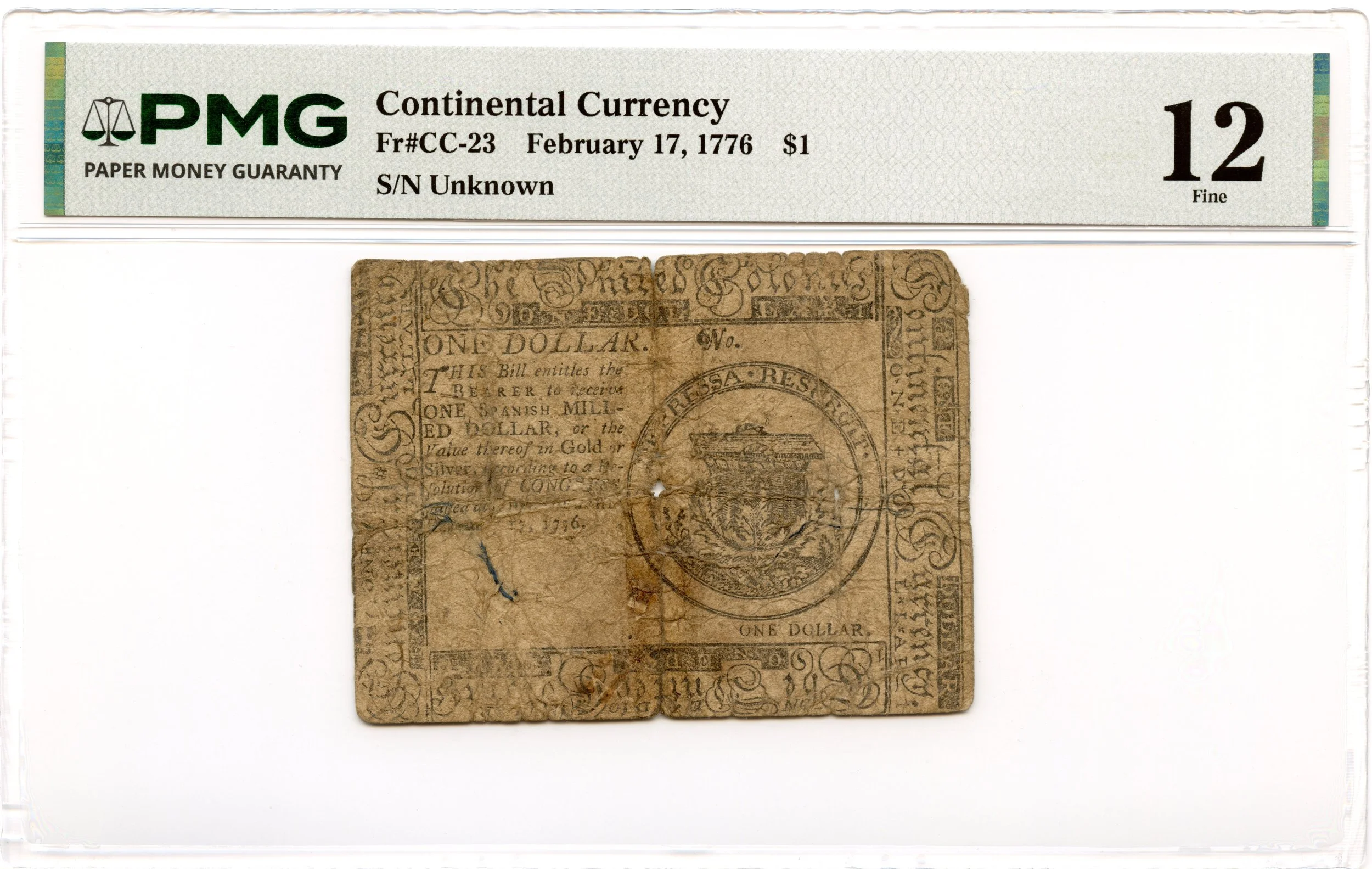 Continental Currency Fr#CC-23 February 17, 1776 $1 PMG F-12
