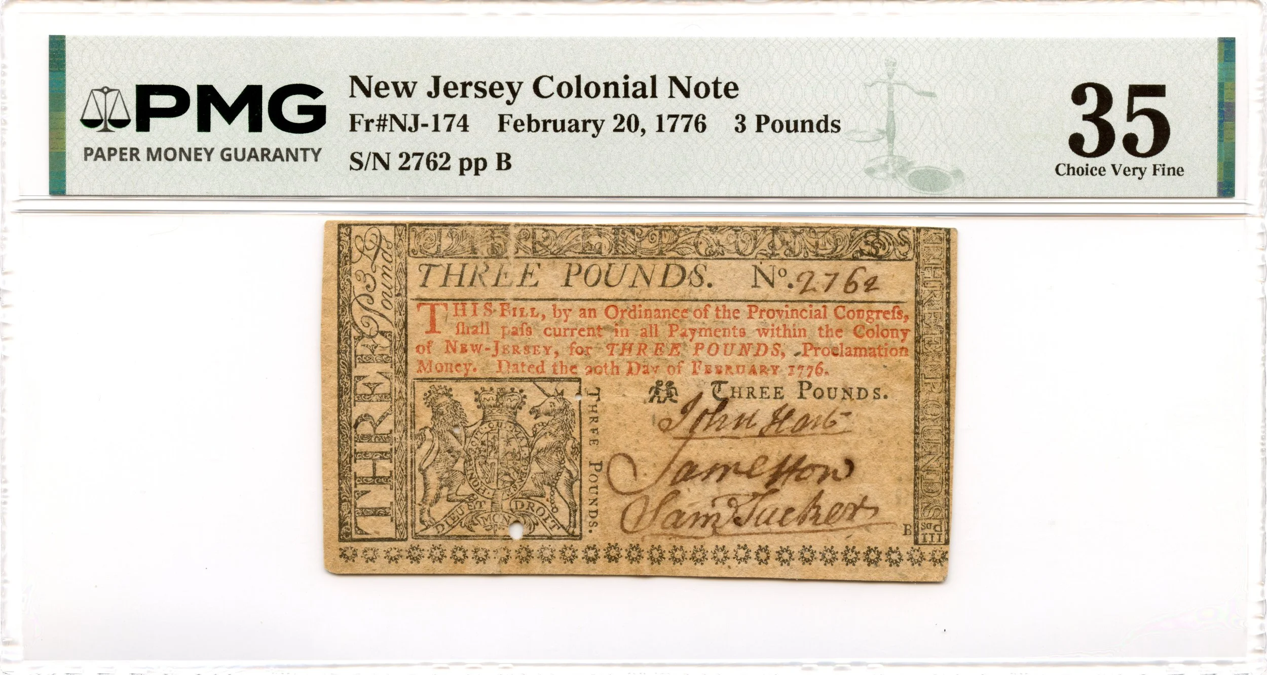 New Jersey Colonial Note Fr#NJ-174 February 20, 1776 3Pds PMG VF-35 *John Hart*