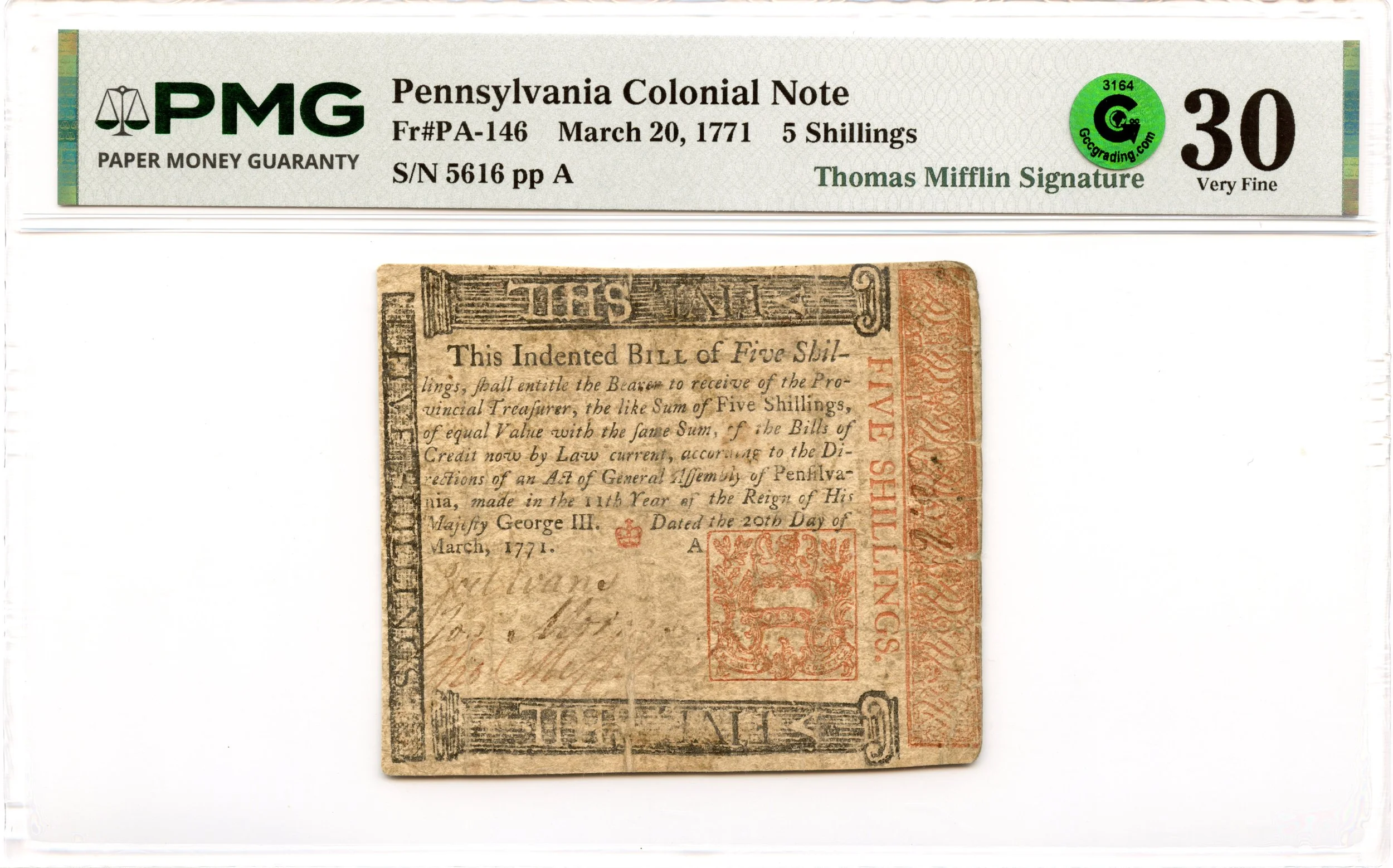 Pennsylvania Colonial Note Fr#PA-146 March 20, 1771 5s PMG VF-30 GCC *Thomas Mifflin Signature*