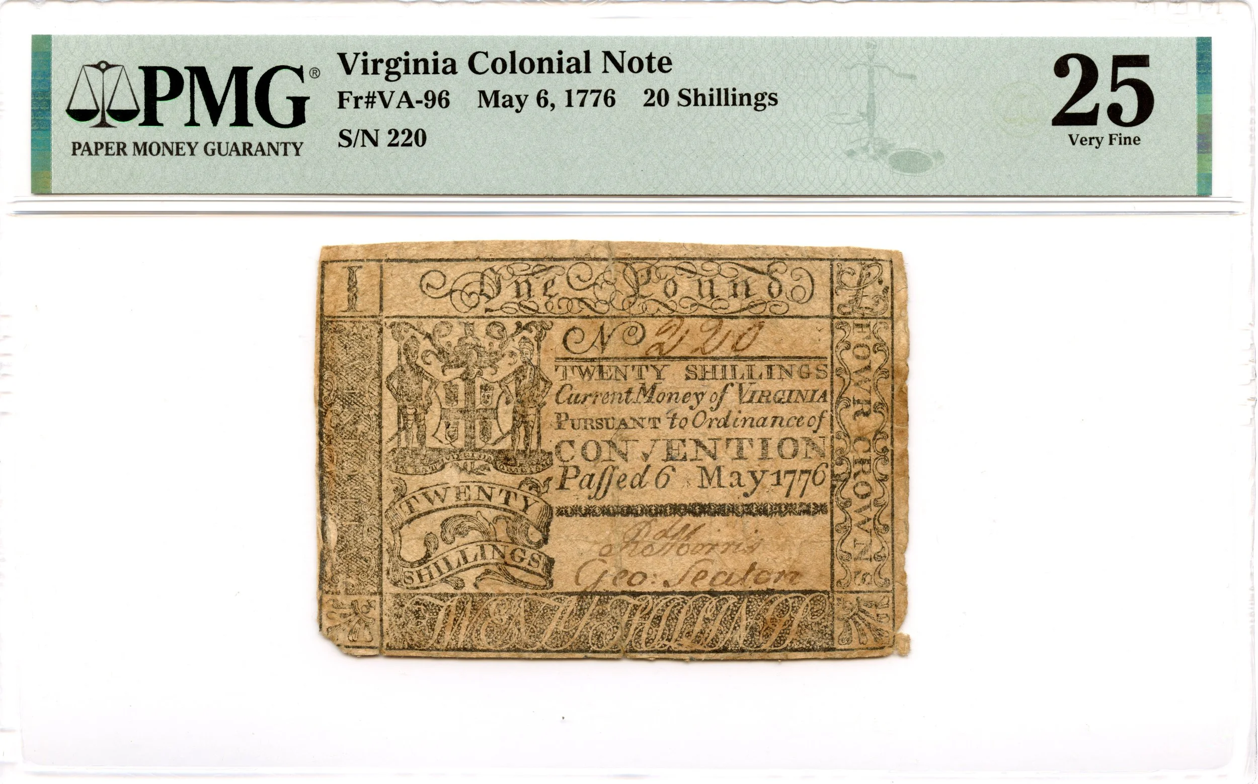 Virginia Colonial Note Fr#VA-96 May 6, 1776 20s PMG VF-25 *3 Known*