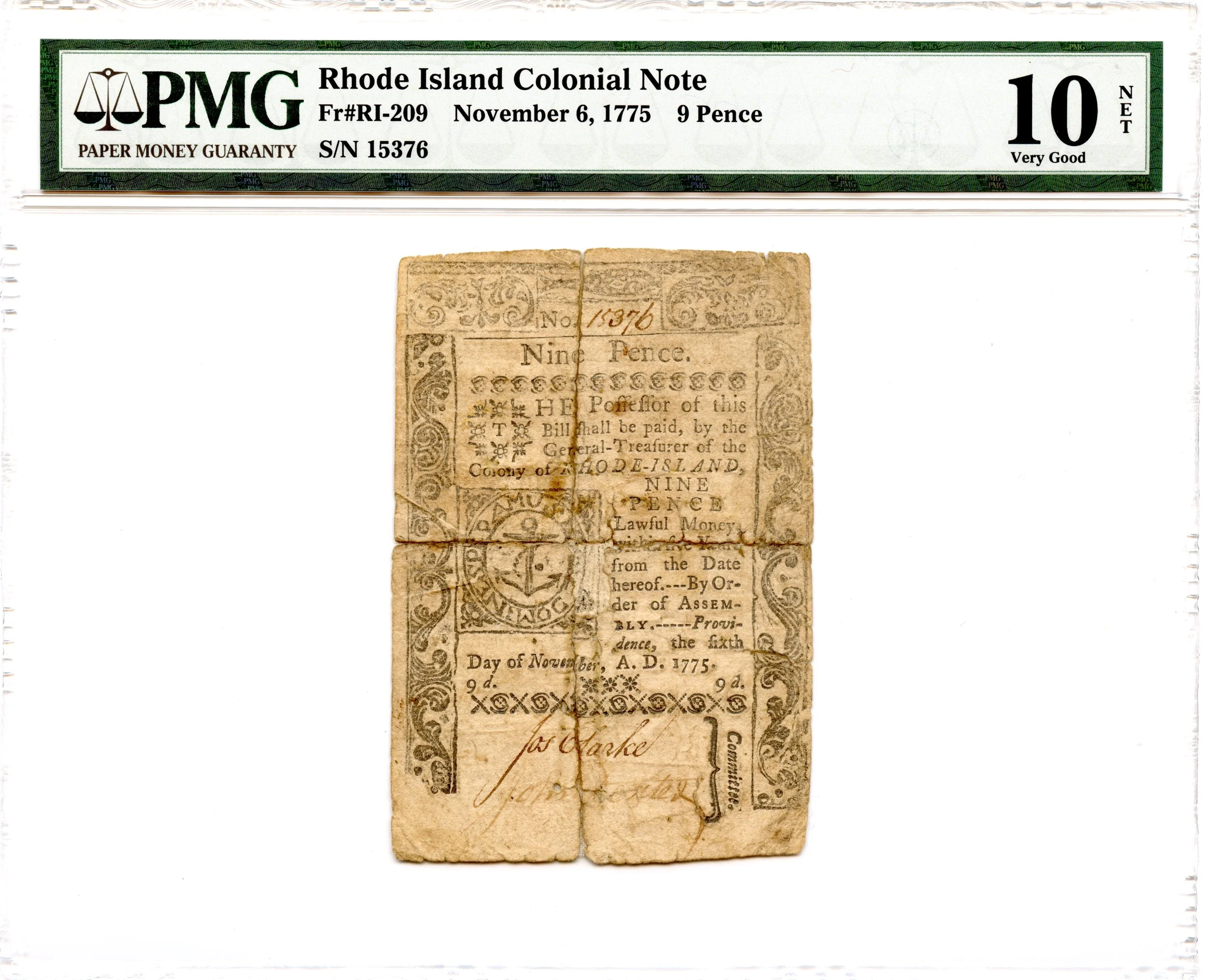 Rhode Island Colonial Note Fr#RI-209 November 6, 1775 9d PMG VG-10 *12 Known*