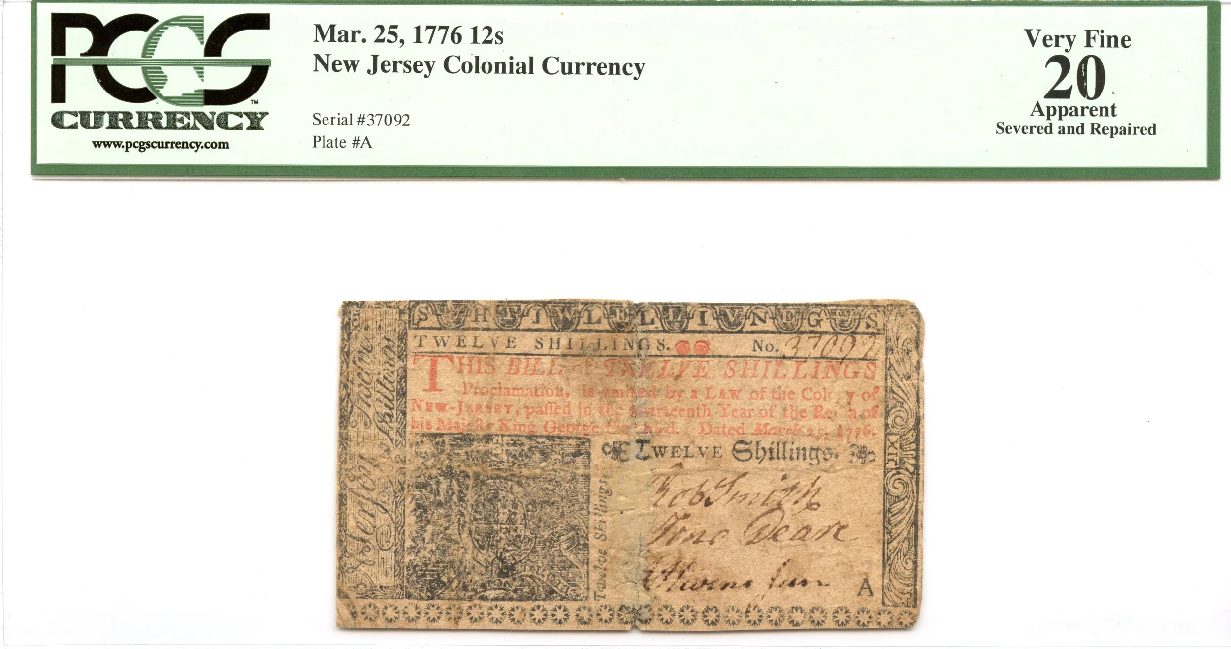 New Jersey Colonial Note Fr#NJ-179 March 25, 1776 12s PCGS VF-20