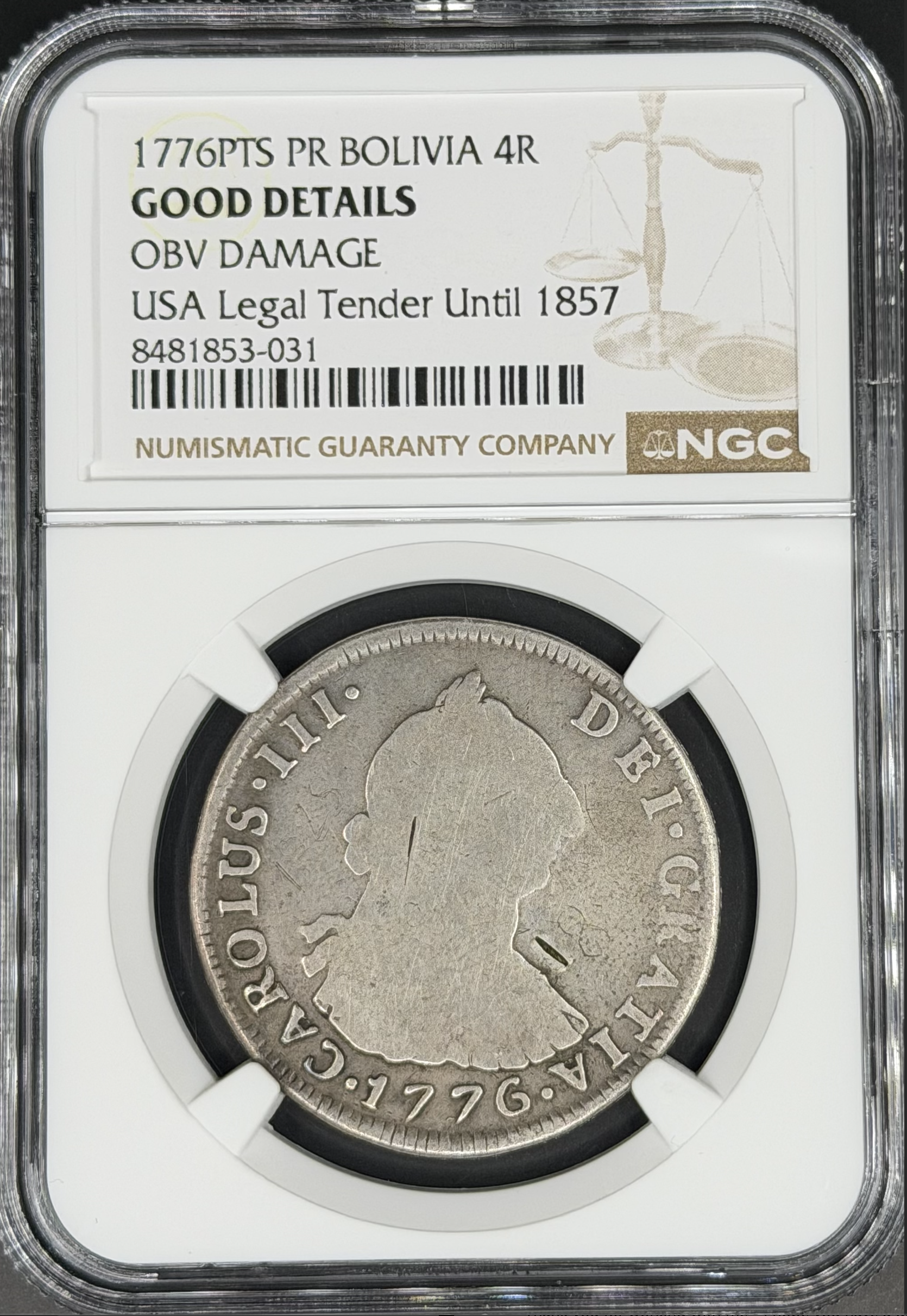 1776 PTS-PR 4 Reales Spanish Colonial Bolivia, Potosi NGC G *U.S. Legal Tender*