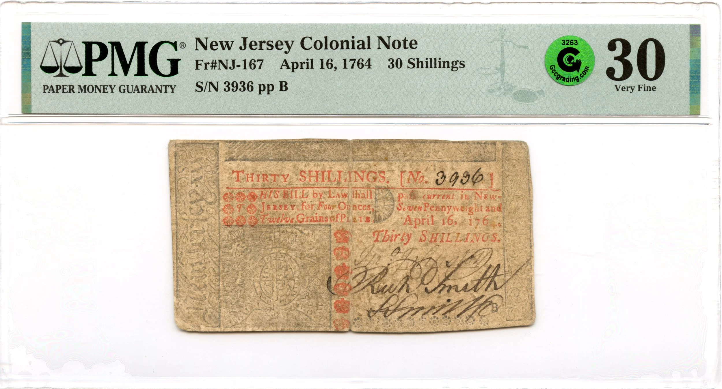 New Jersey Colonial Note Fr#NJ-167 April 16, 1764 30s PMG VF-30 GCC Green