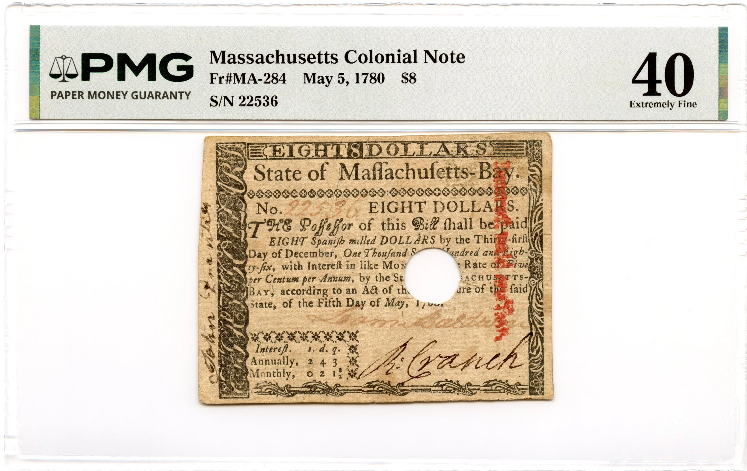 Massachusetts Colonial Note Fr#MA-284 May 5, 1780 $8 PMG XF-40 *Laommi Baldwin Signature*