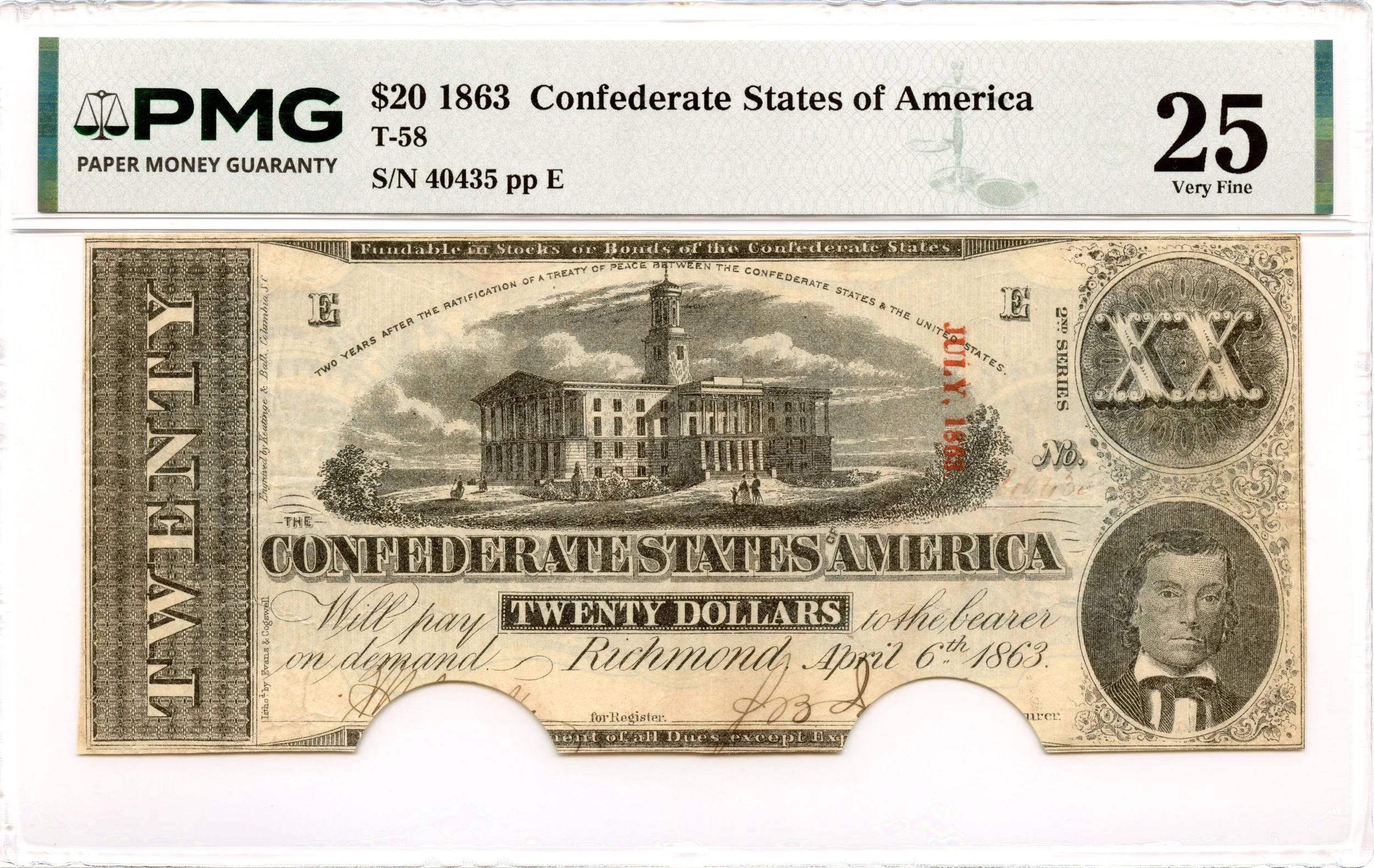 1863 $20 Confederate States of America T-58 CSA PMG VF-25