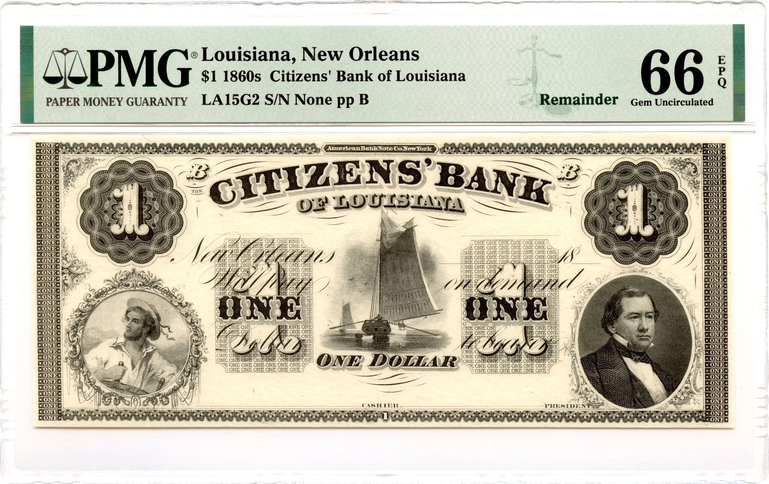1860s $1 New Orleans, Louisiana Obsolete Note Citizens Bank PMG GEM 66 EPQ