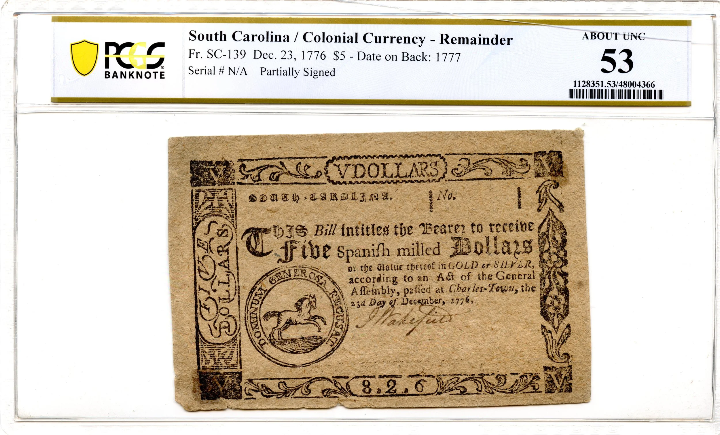 South Carolina Colonial Note Fr#SC-139 December 23, 1776 $5 PCGS AU-53