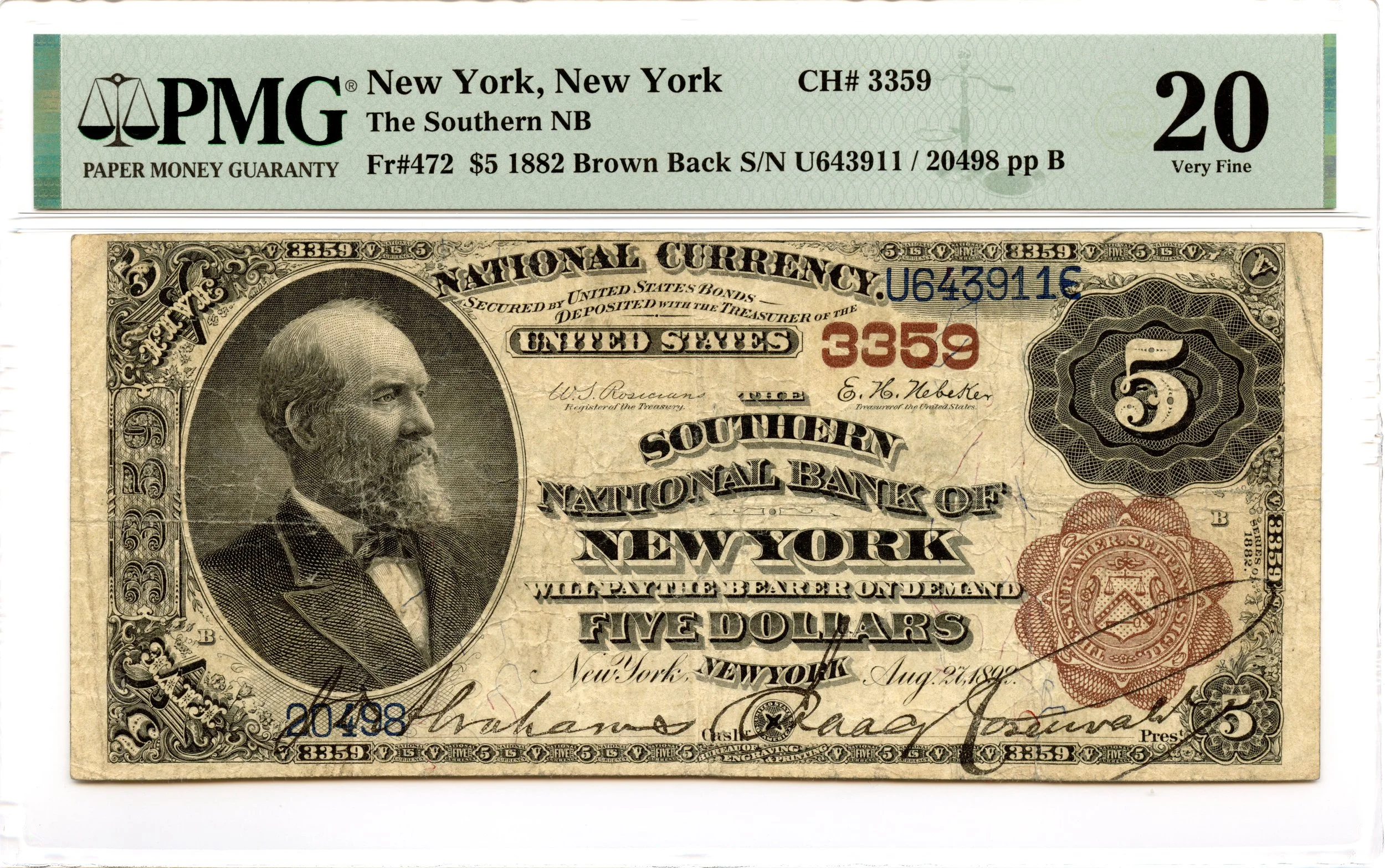 1882 $5 National Brown Back Fr#472 Southern NB New York CH#3359 PMG VF-20