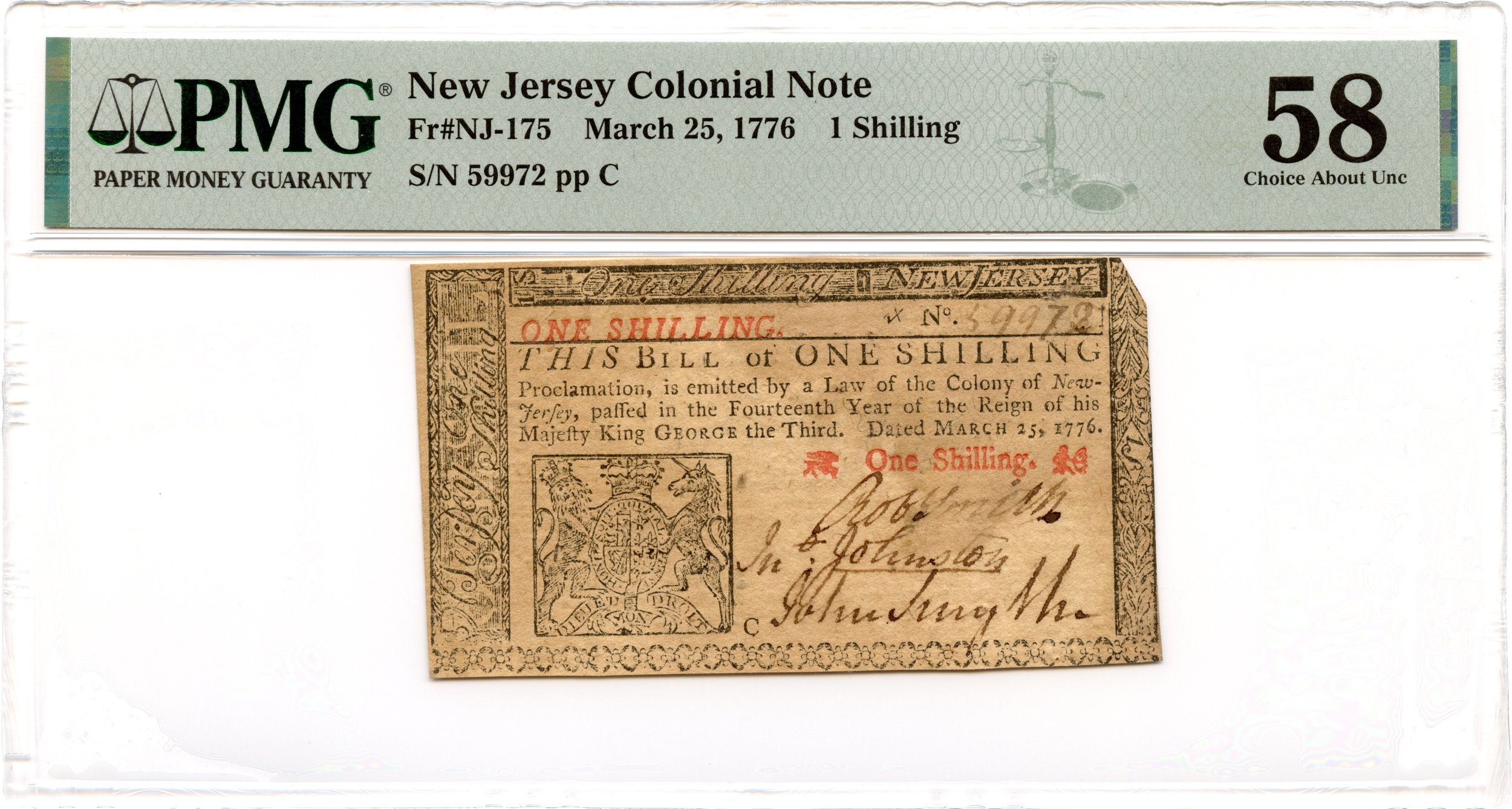 New Jersey Colonial Note Fr#NJ-175 March 25, 1776 1s PMG AU-58