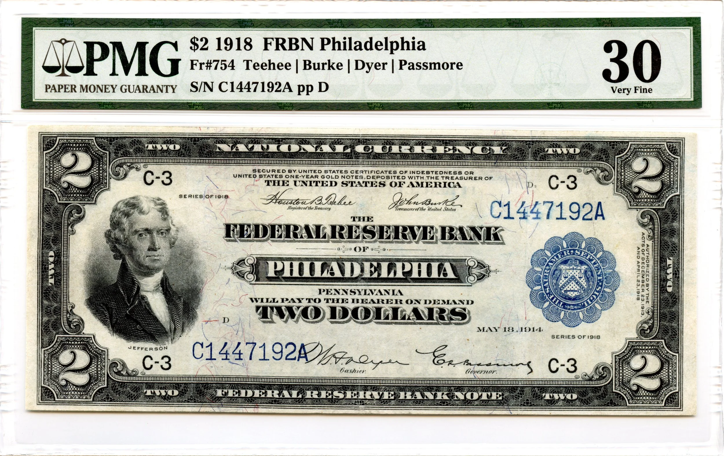 1918 $2 Federal Reserve Bank Note Philadelphia Fr#754 PMG VF-30 *Battleship*