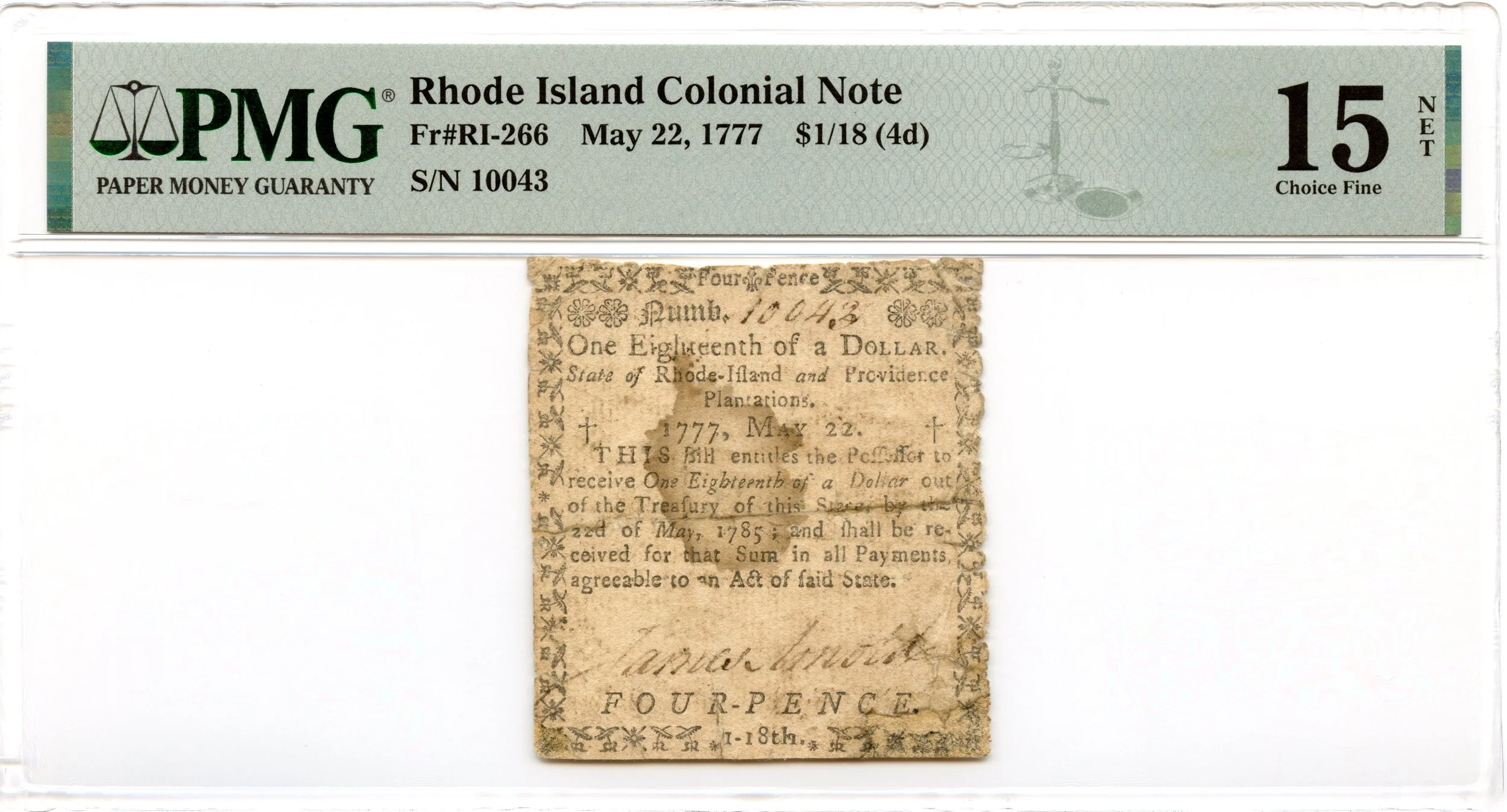 Rhode Island Colonial Note Fr#RI-266 May 22, 1777 $1/18 PMG F-15 *9 Known*