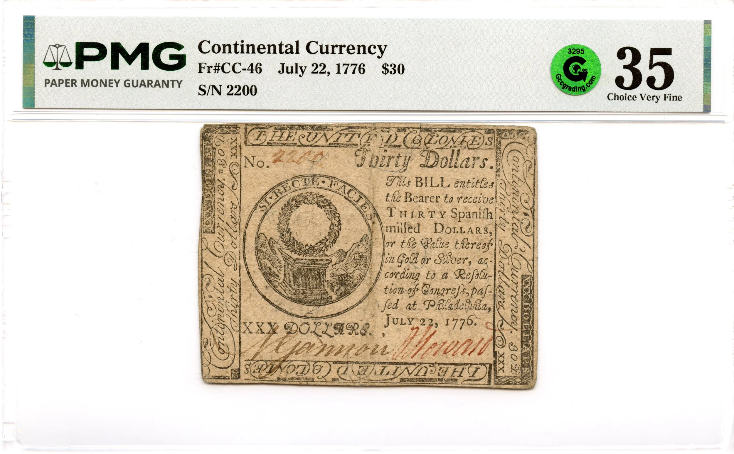Continental Currency Fr#CC-46 July 22, 1776 $30 PMG VF-35 GCC Green *Scarce Issue*