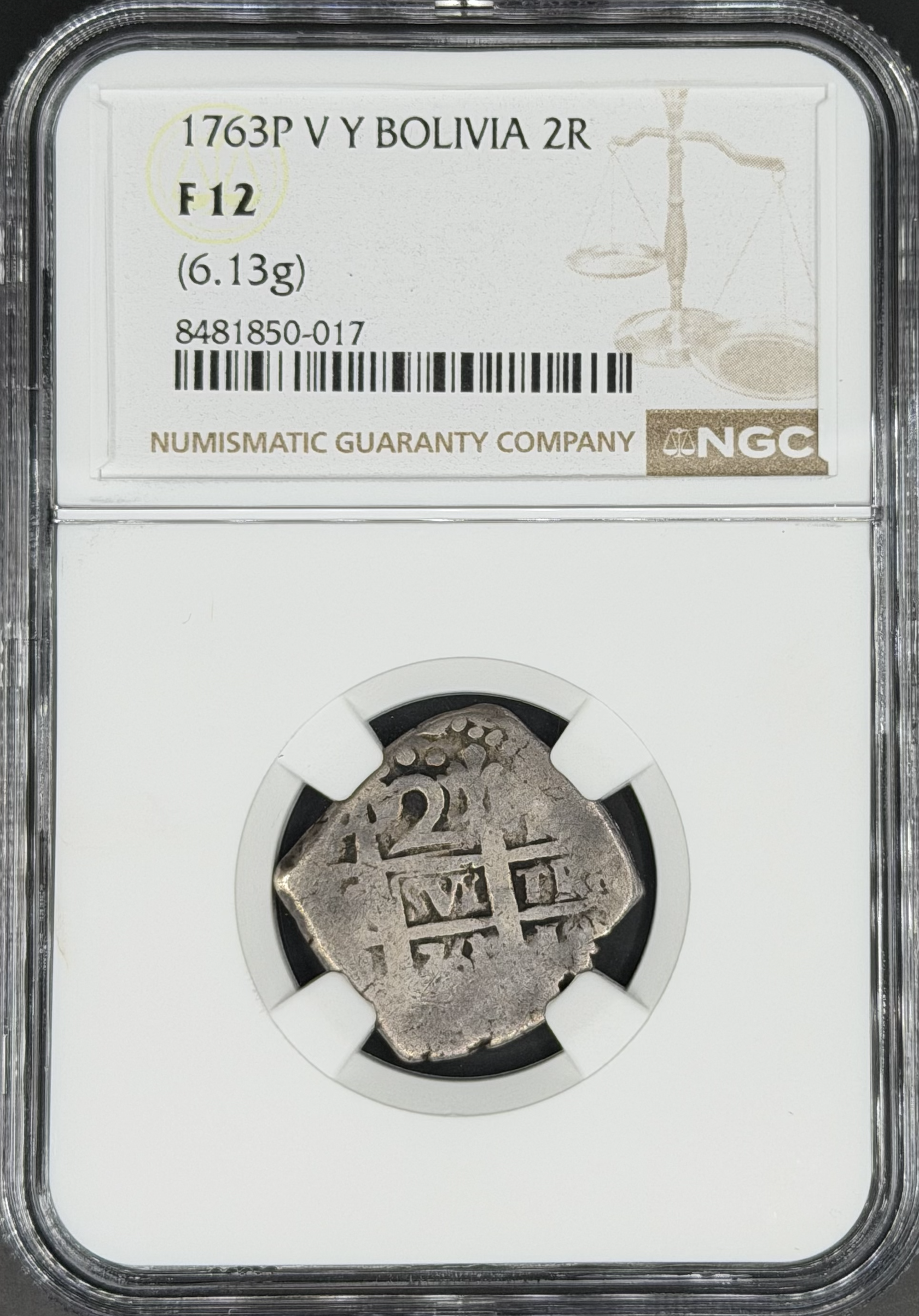 1763 P-VY 2 Reales Cob Spanish Colonial Bolivia, Potosi NGC F-12 *U.S. Legal Tender*