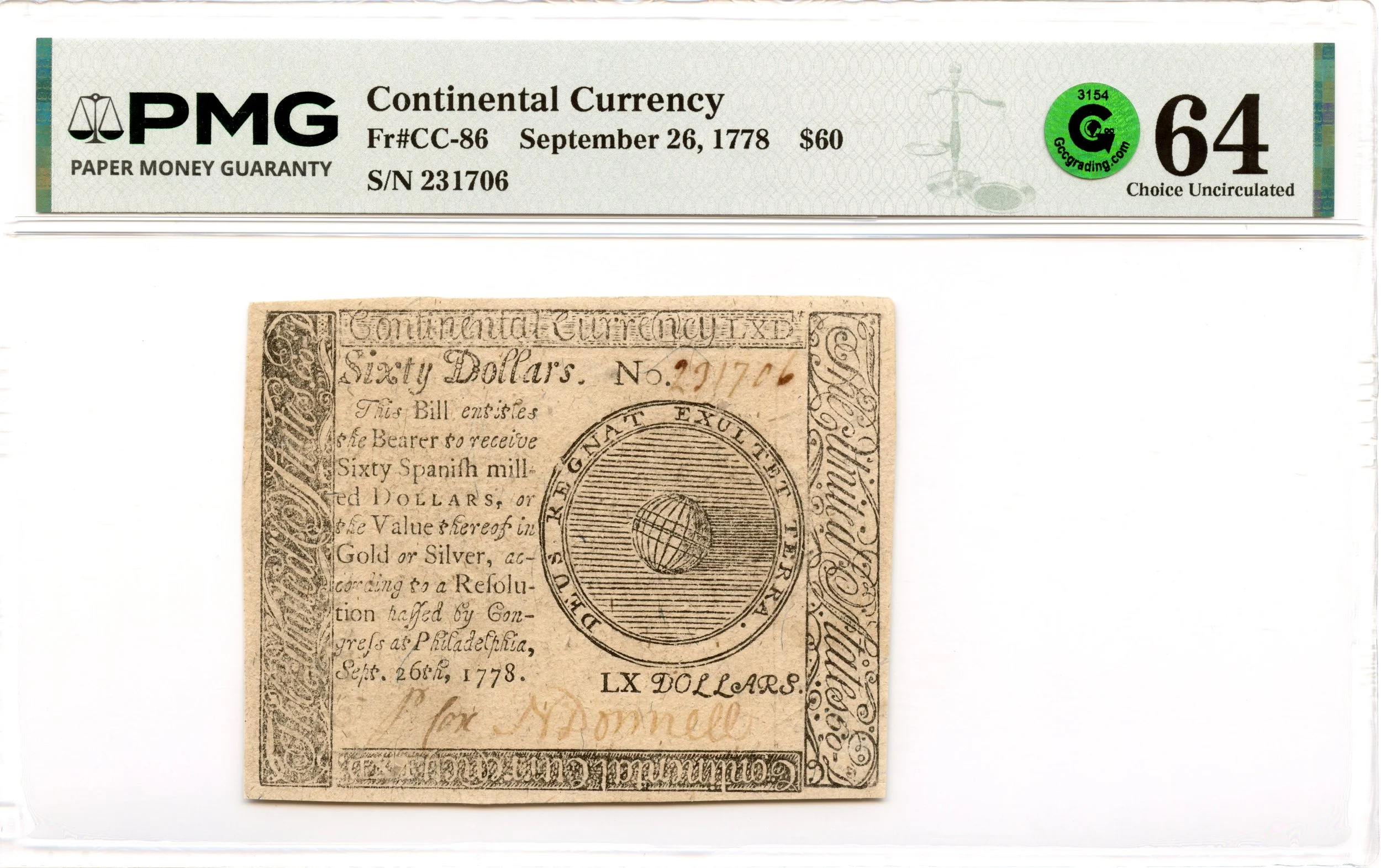 Continental Currency Fr#CC-86 September 26, 1778 $60 PMG CU-64 GCC Green *Exceptional*