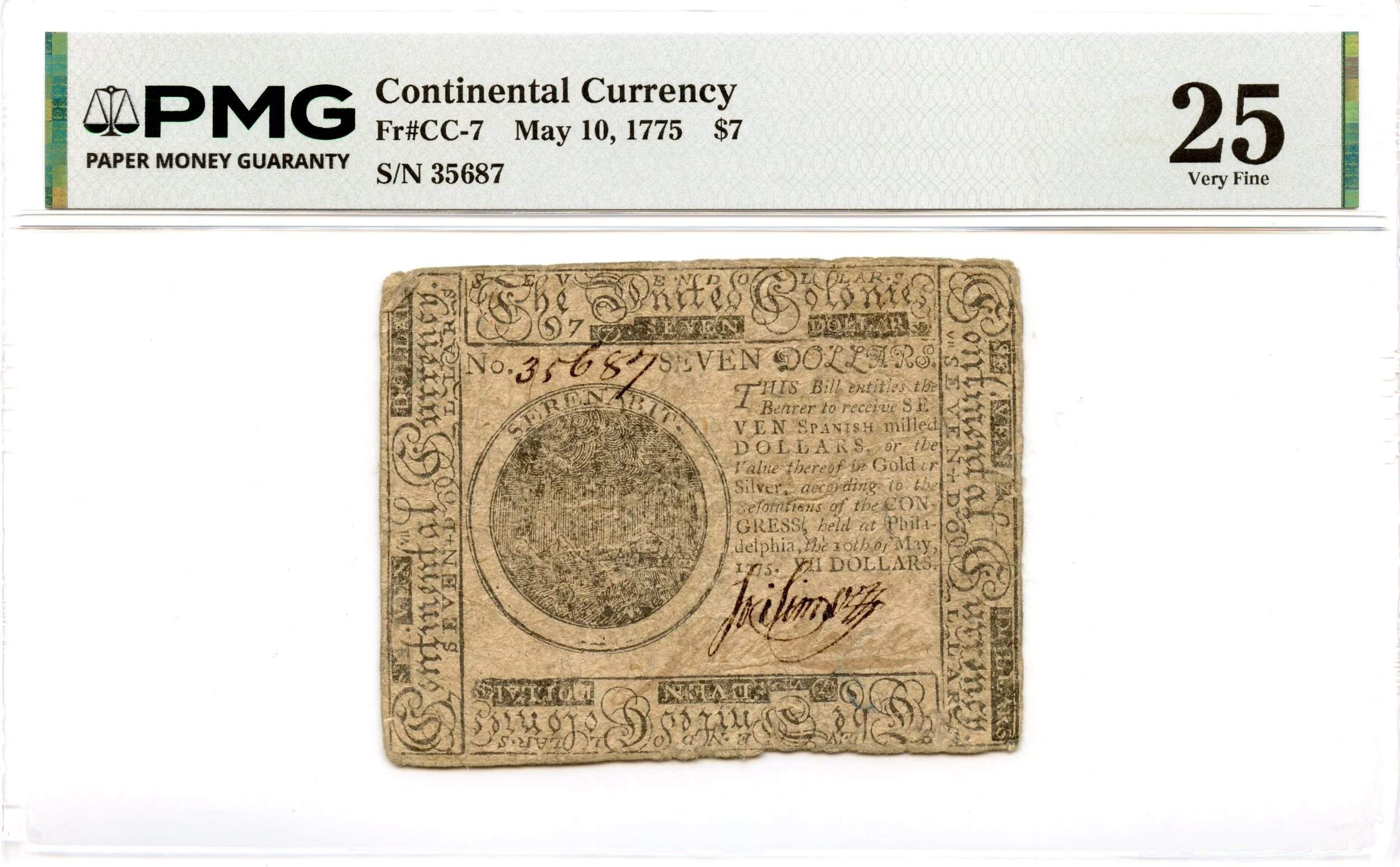 Continental Currency Fr#CC-7 May 10, 1775 $7 PMG VF-25 *First Issue*