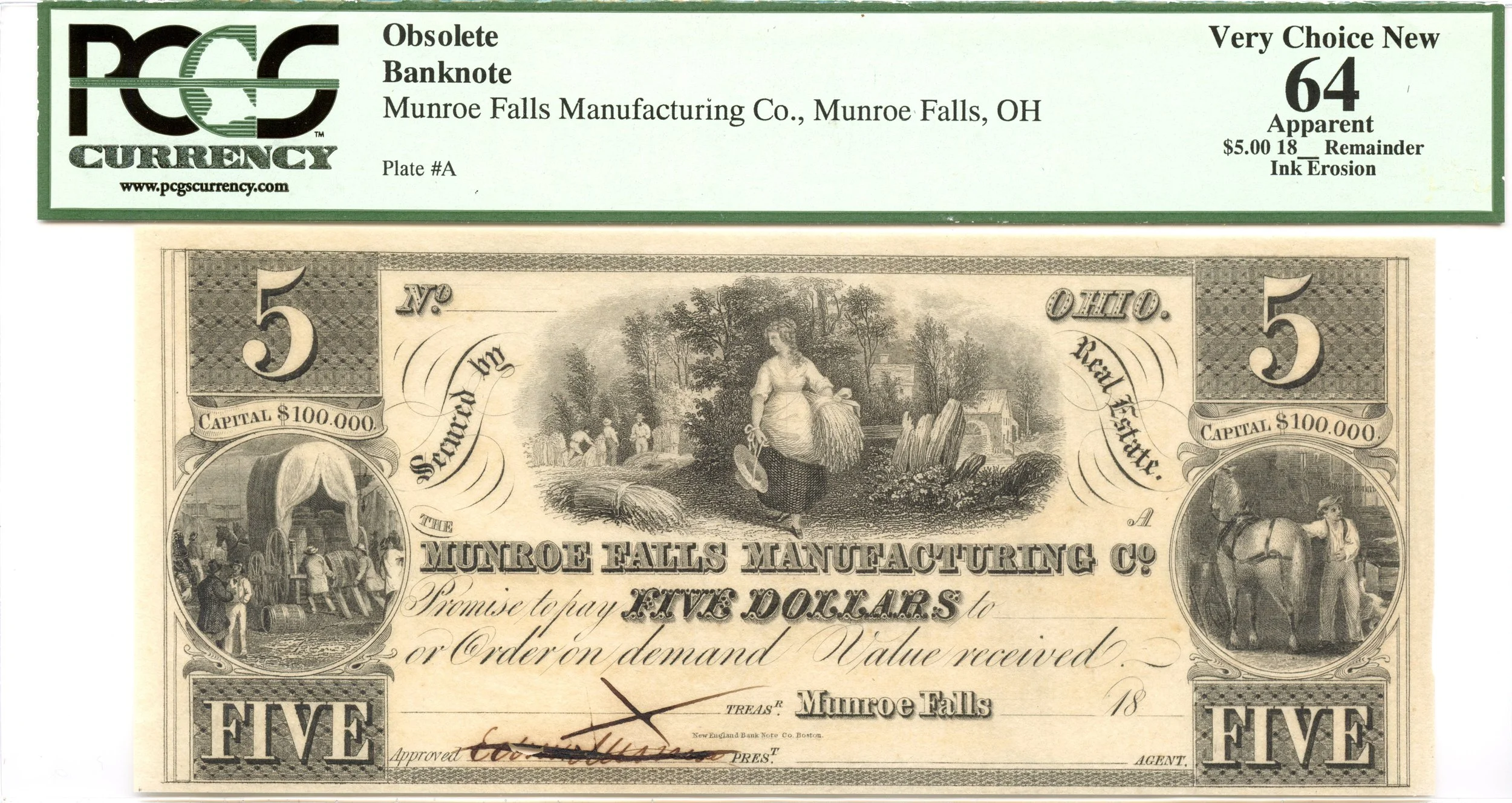 1800s $5 Munroe Falls, Ohio Obsolete Note Manufacturing Co PCGS CU-64