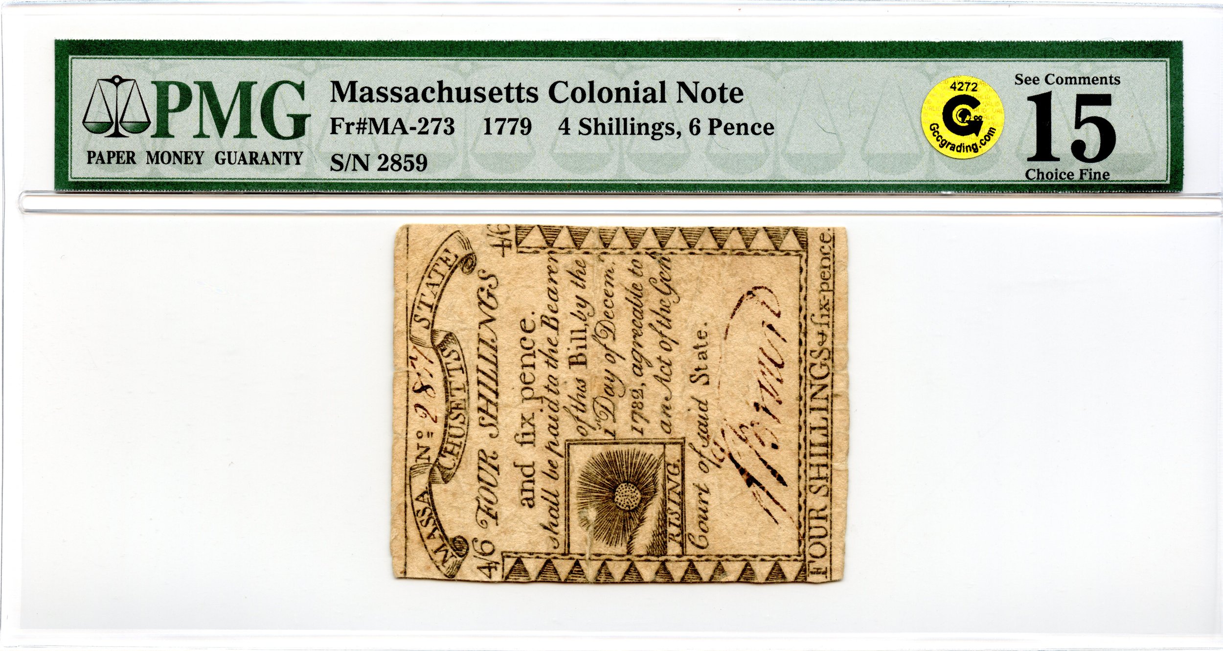 Massachusetts Colonial Note Fr#MA-273 1779 4s6d PMG F-15 GCC *Paul Revere Sun*