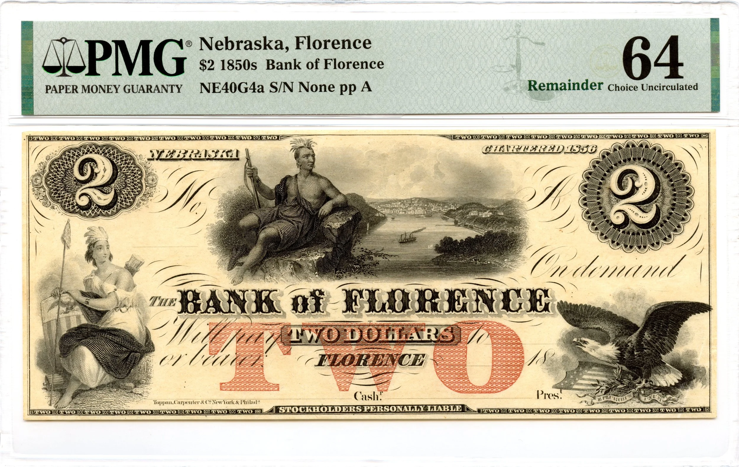 1850s $2 Florence, Nebraska Obsolete Note Bank of Florence PMG CU-64