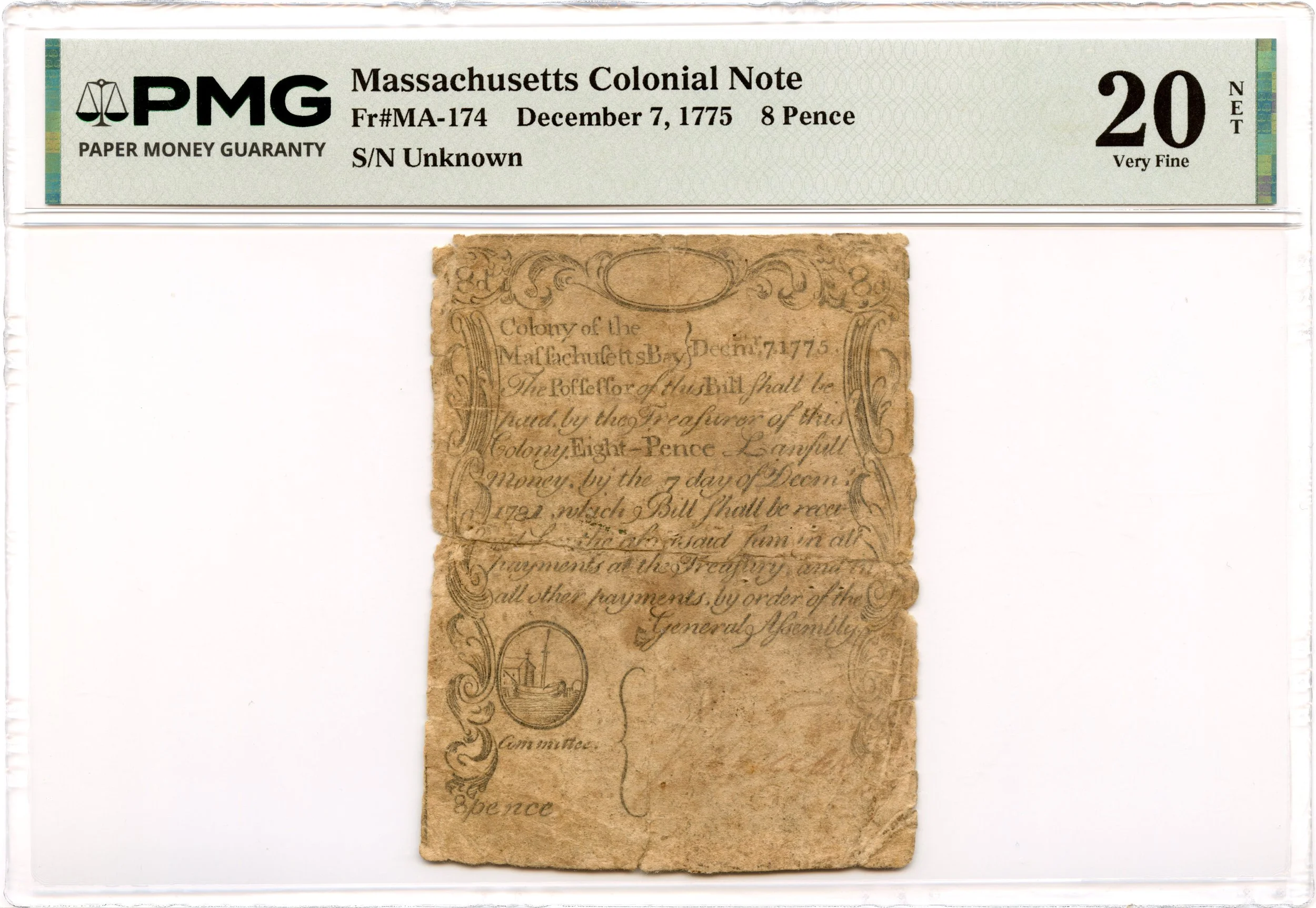 Massachusetts Colonial Note Fr#MA-174 December 7, 1775 8d PMG VF-20 *Sword in Hand Finest Known*