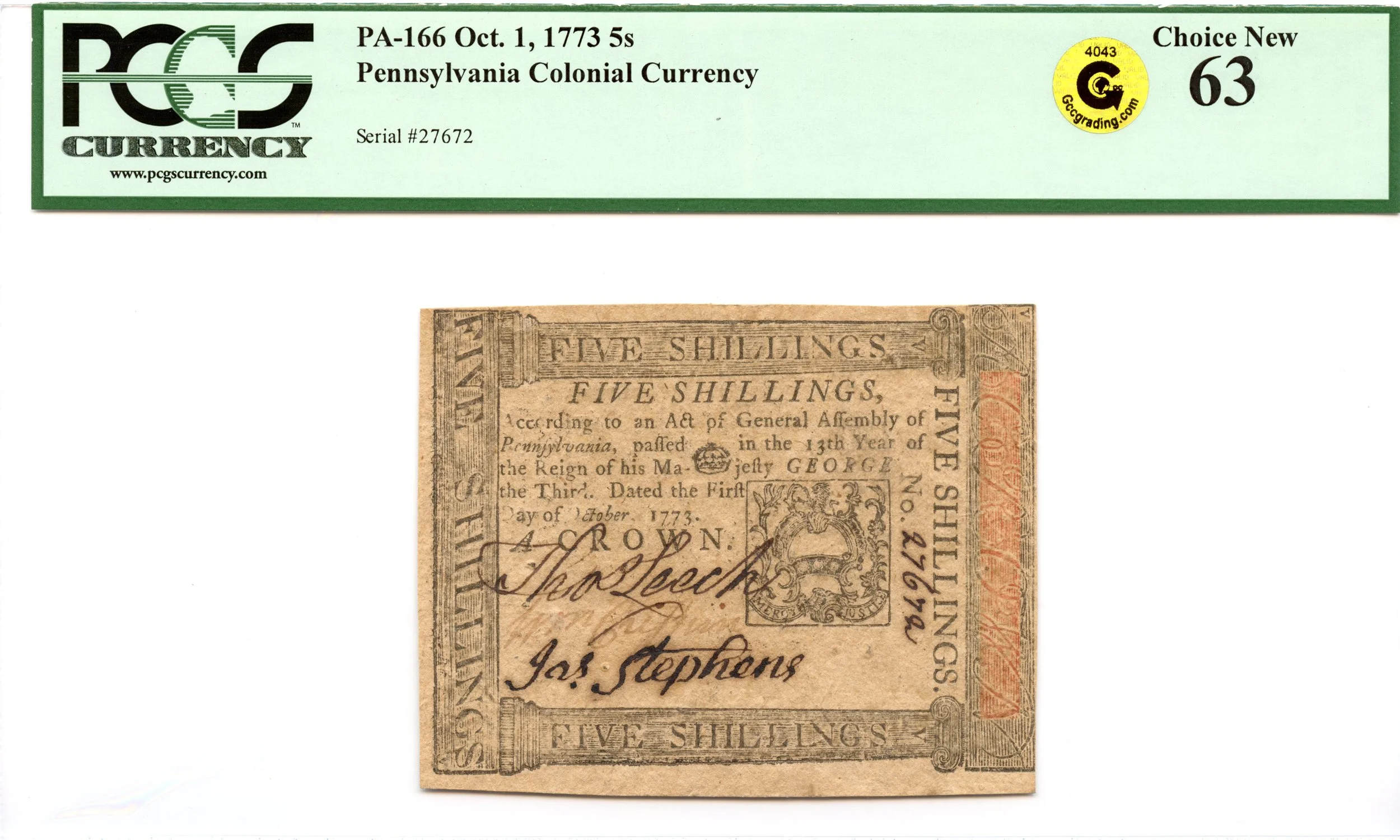 Pennsylvania Colonial Note Fr#PA-166 October 1, 1773 5s PCGS CU-63 GCC Gold *Exceptional*