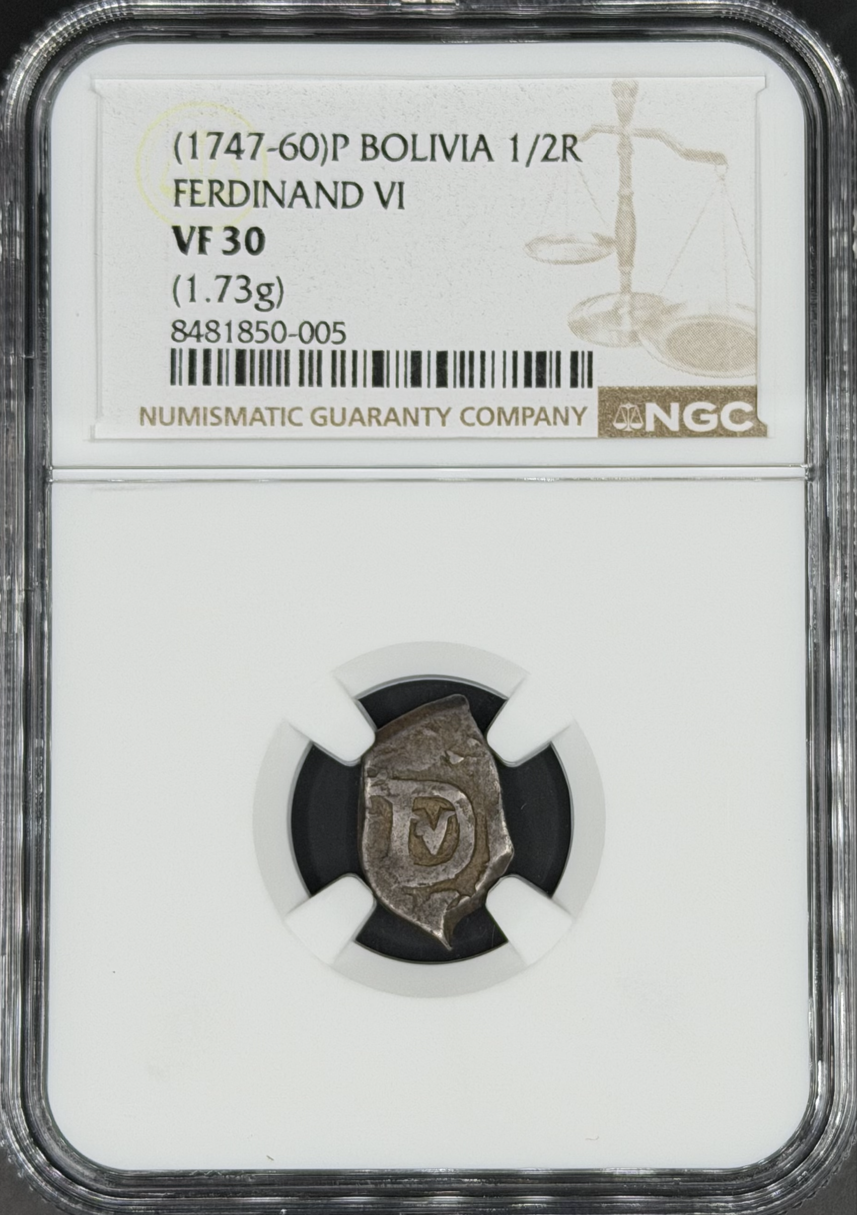 1747-60 P 1/2 Real Cob Spanish Colonial Bolivia, Potosi NGC VF-30 *U.S. Legal Tender*