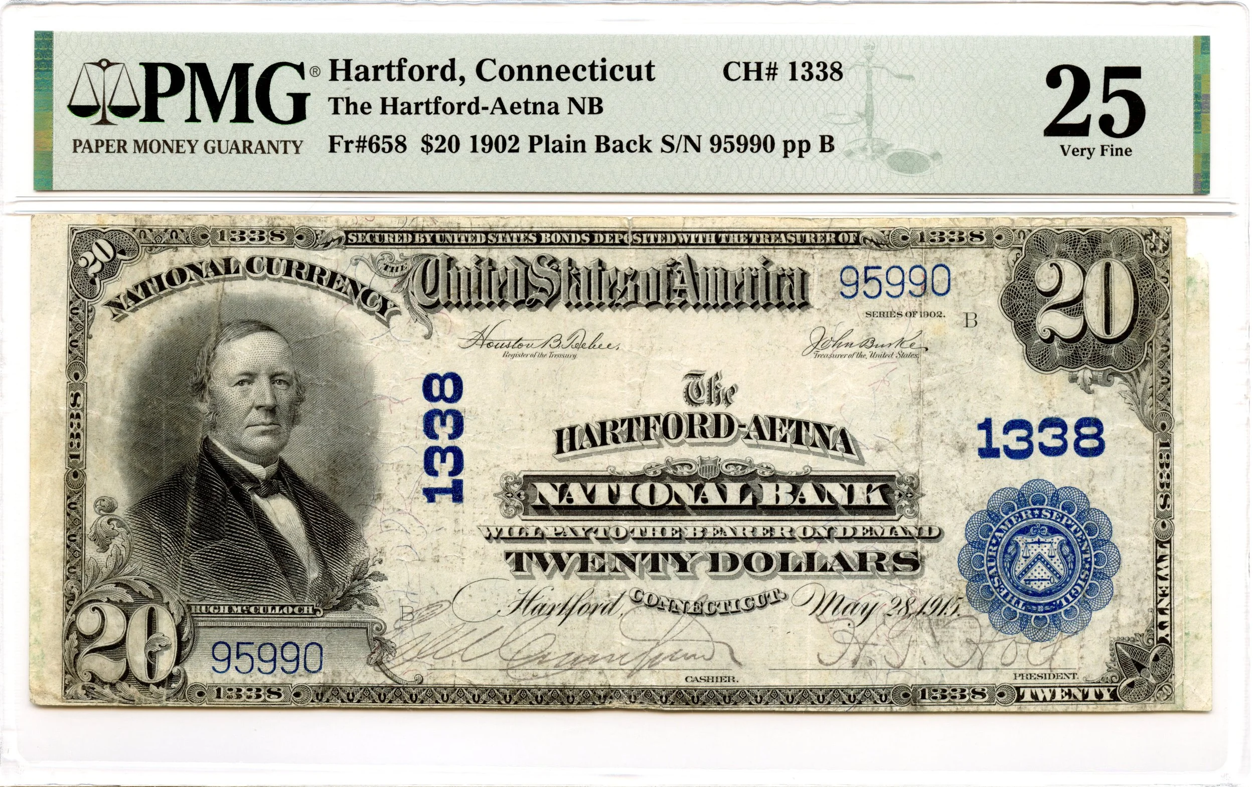 1902 $20 National Plain Back Fr#658 Hartford-Aetna NB Hartford, Connecticut CH#1338 PMG VF-25