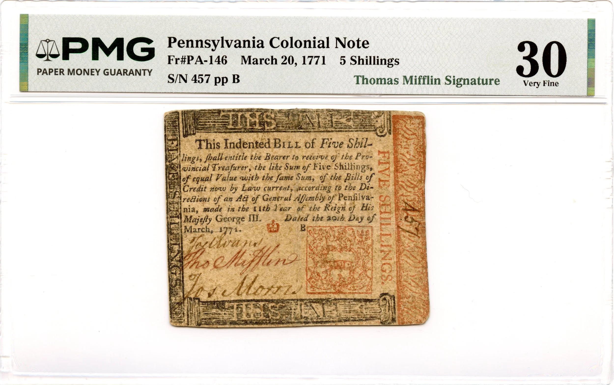Pennsylvania Colonial Note Fr#PA-146 March 20, 1771 5s PMG VF-30 *Thomas Mifflin Signature*