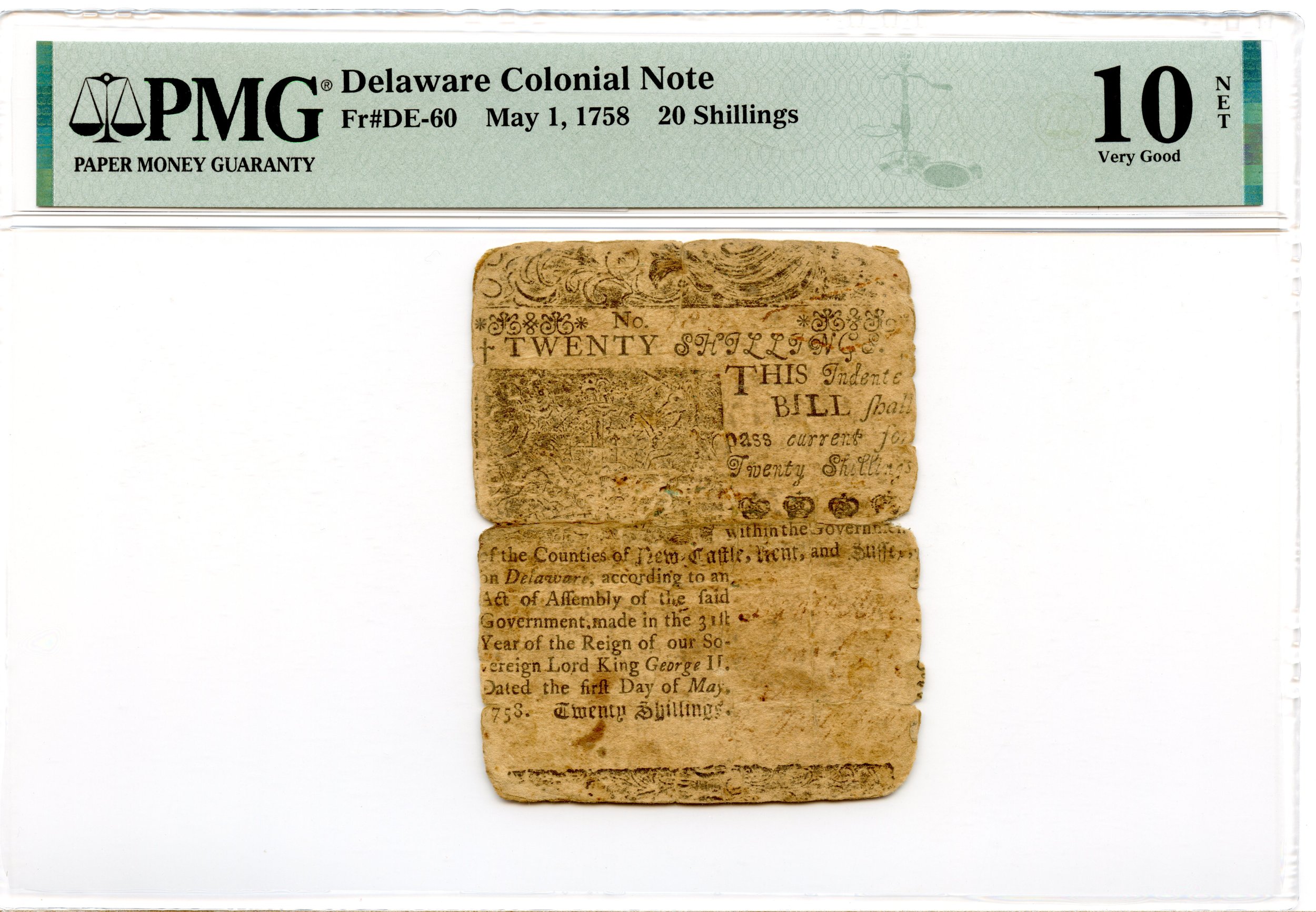 Delaware Colonial Note Fr#DE-60 May 1, 1758 20s PMG VG-10 *Ben Franklin*