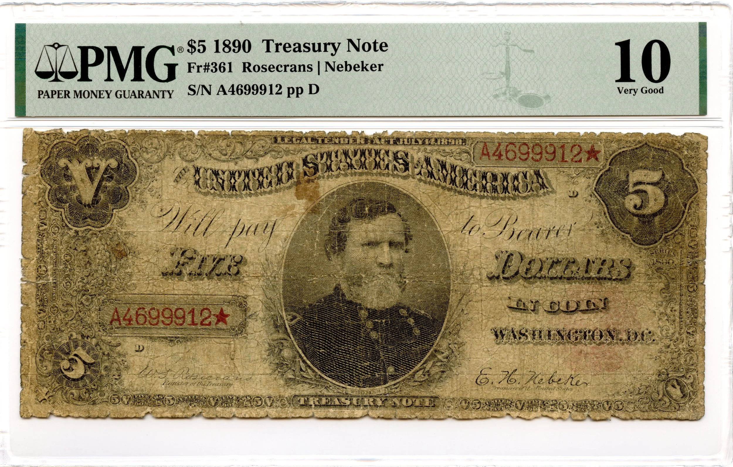 1890 $5 Treasury Note Fr#361 PMG VG-10