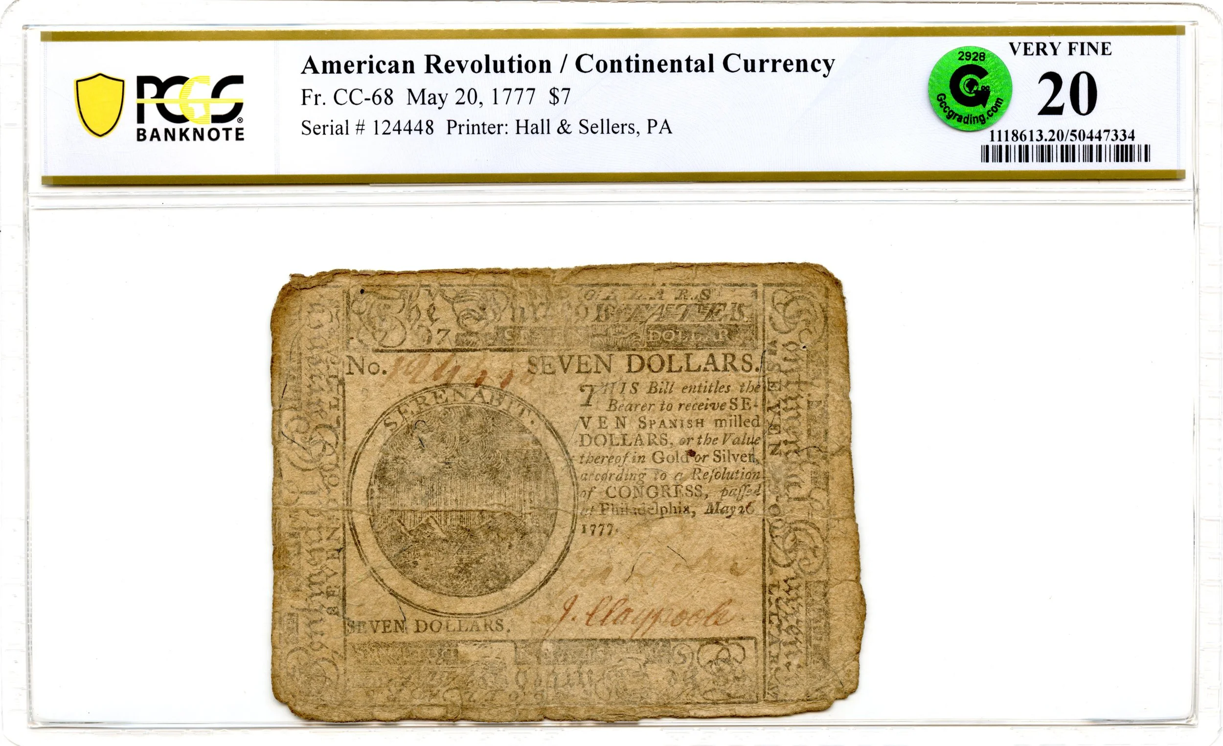 Continental Currency Fr#CC-68 May 20, 1777 $7 PCGS VF-20 GCC Green *Extremely Scarce*