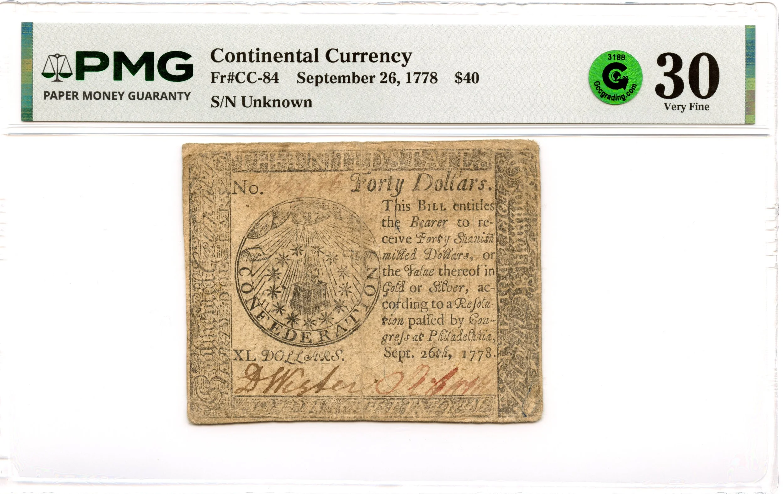 Continental Currency Fr#CC-84 September 26, 1778 $40 PMG VF-30 GCC Green