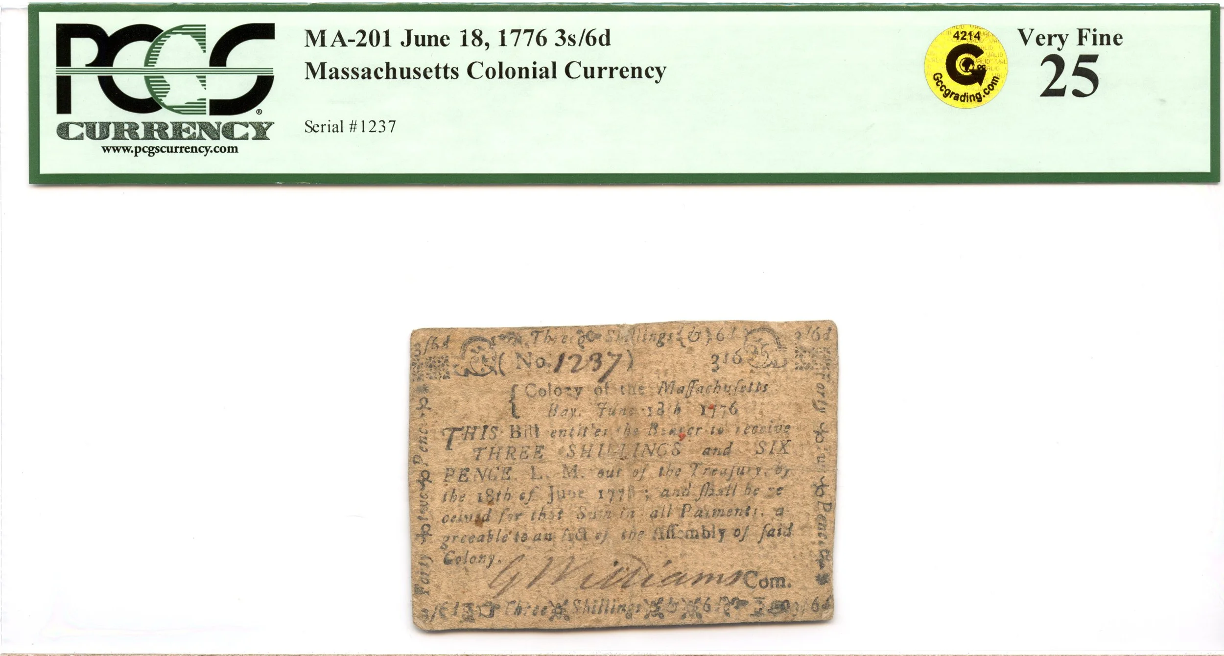 Massachusetts Colonial Note Fr#MA-201 June 18, 1776 3s6d PCGS VF-25 GCC Gold