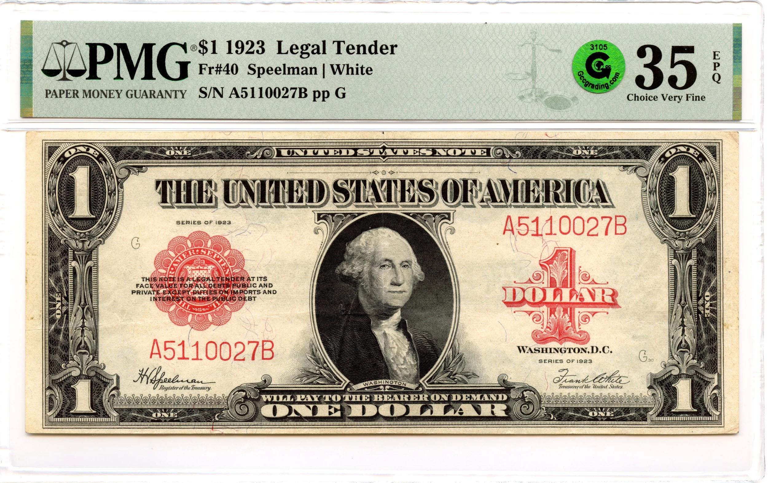 1923 $1 Legal Tender Note Fr#40 Red Seal PMG VF-35 EPQ GCC Green *Exceptional*