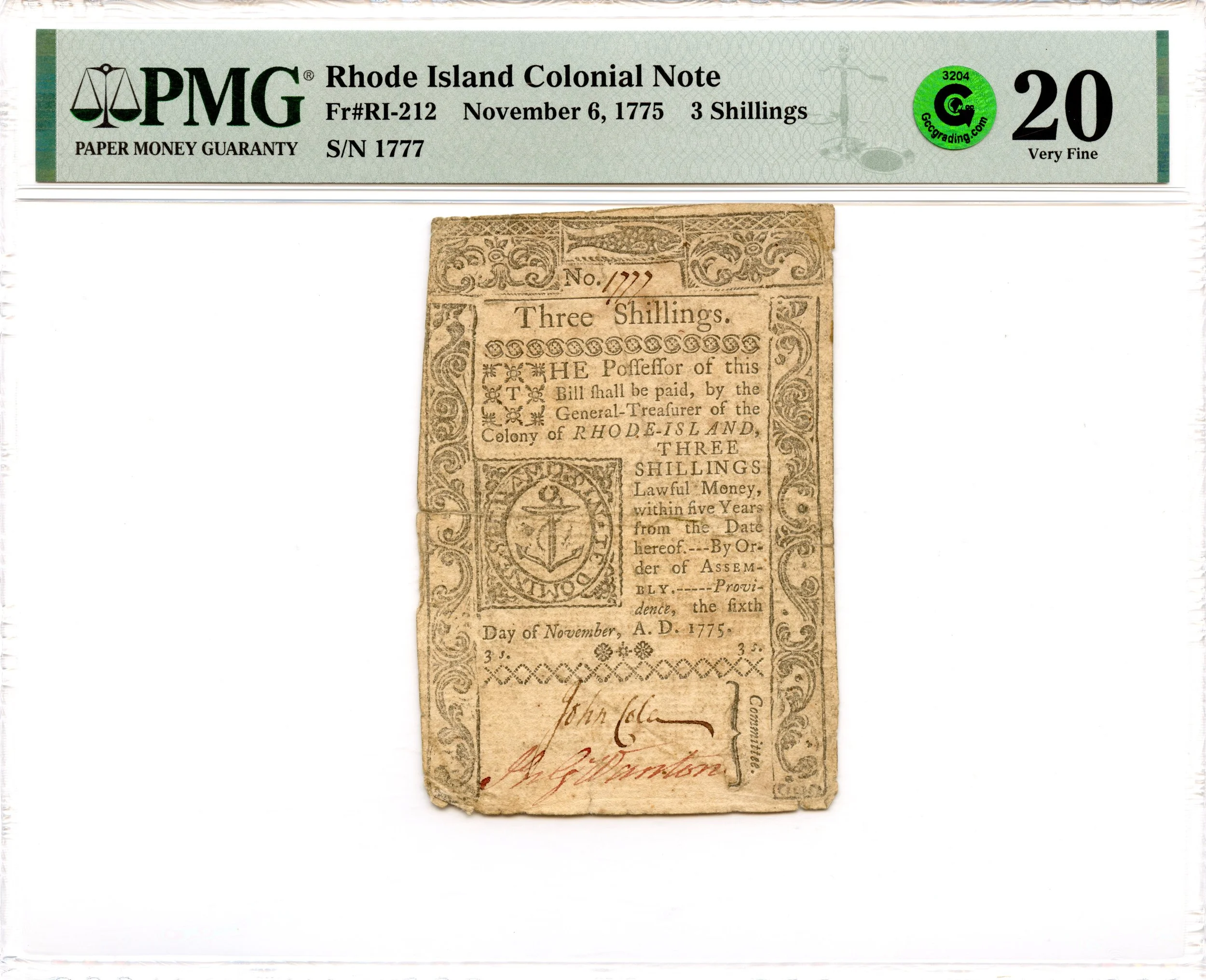 Rhode Island Colonial Note Fr#RI-212 November 6, 1775 3s PMG VF-20 GCC Green *12 Known*