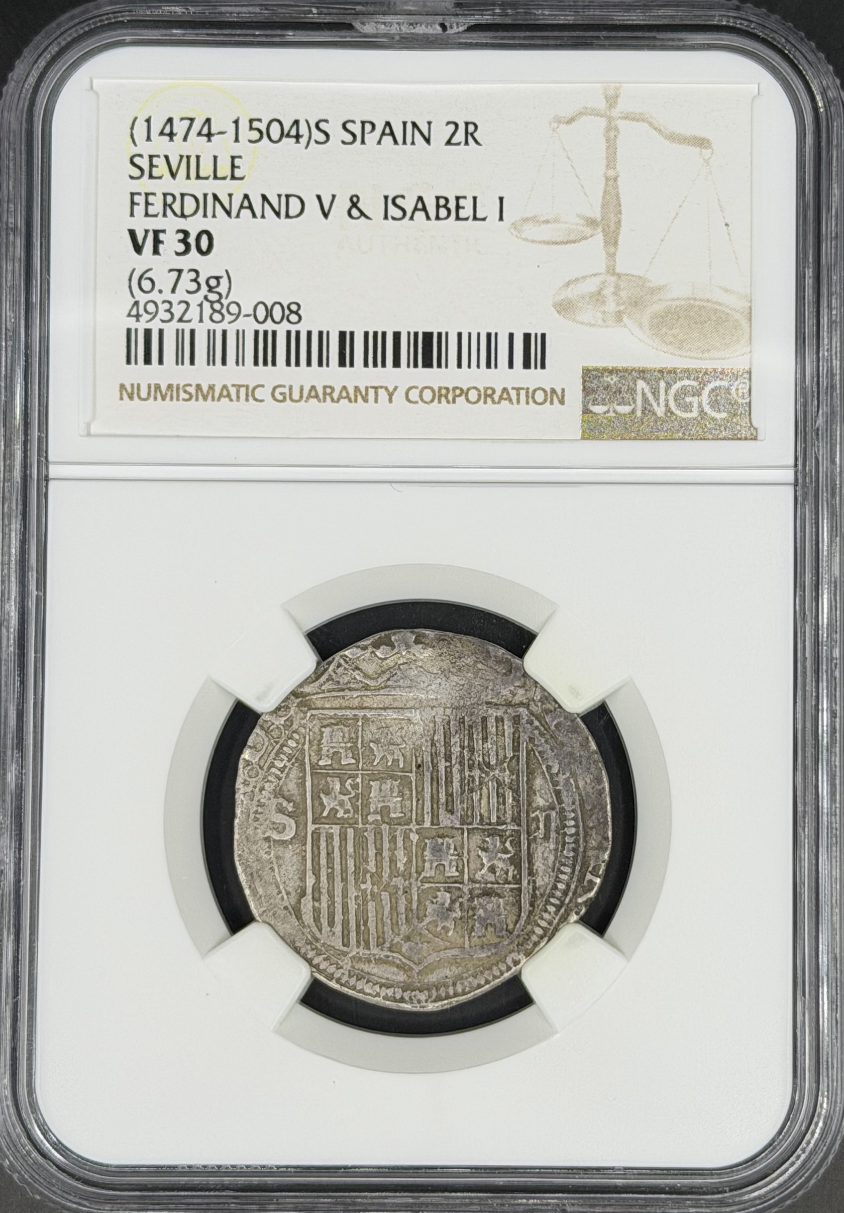 1474-1504 2 Reales Spain, Seville Ferdinand V & Isabel I NGC VF-30