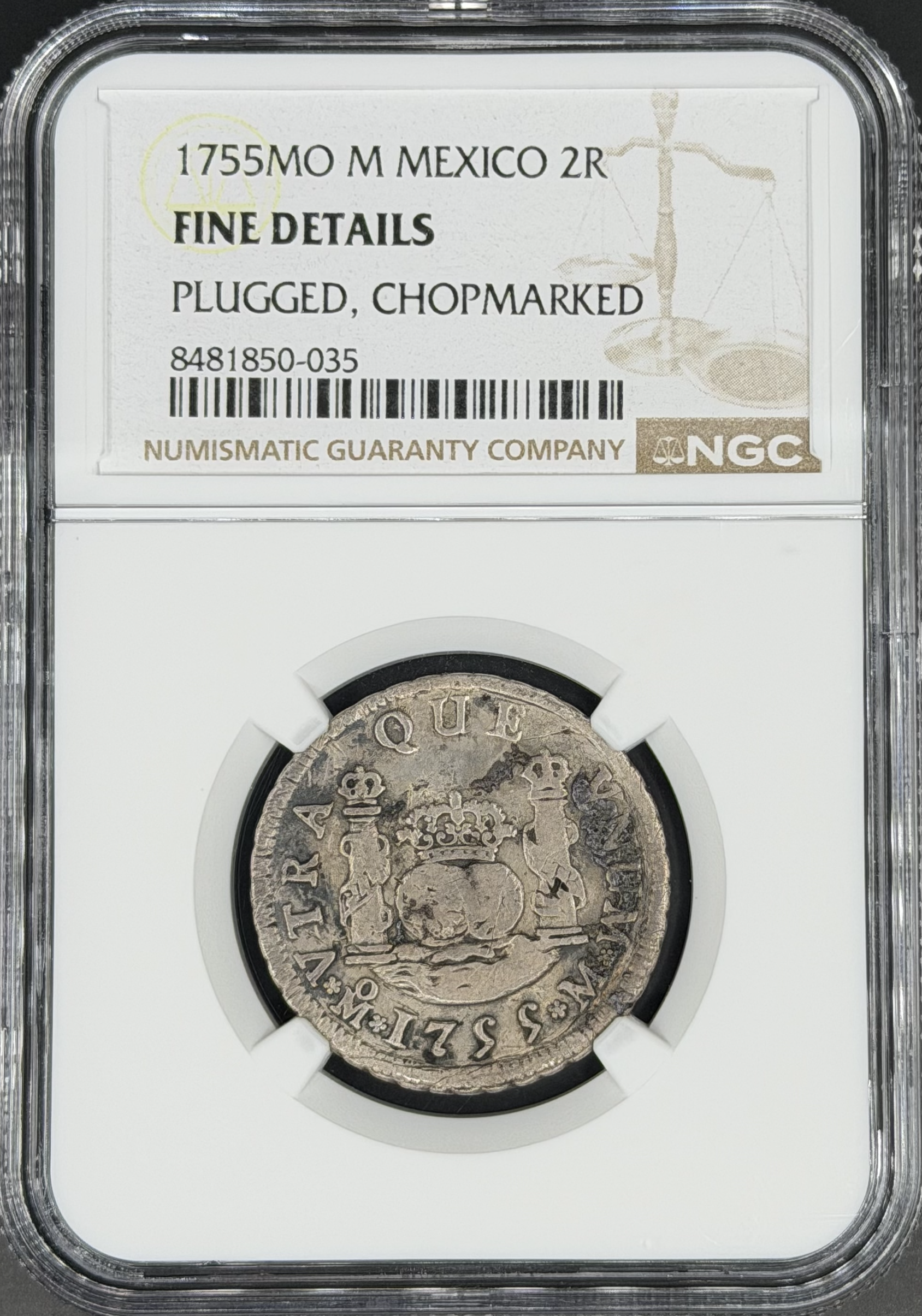 1755 Mo-M 2 Reales Pillar Minor Spanish Colonial Mexico NGC F *U.S. Legal Tender*
