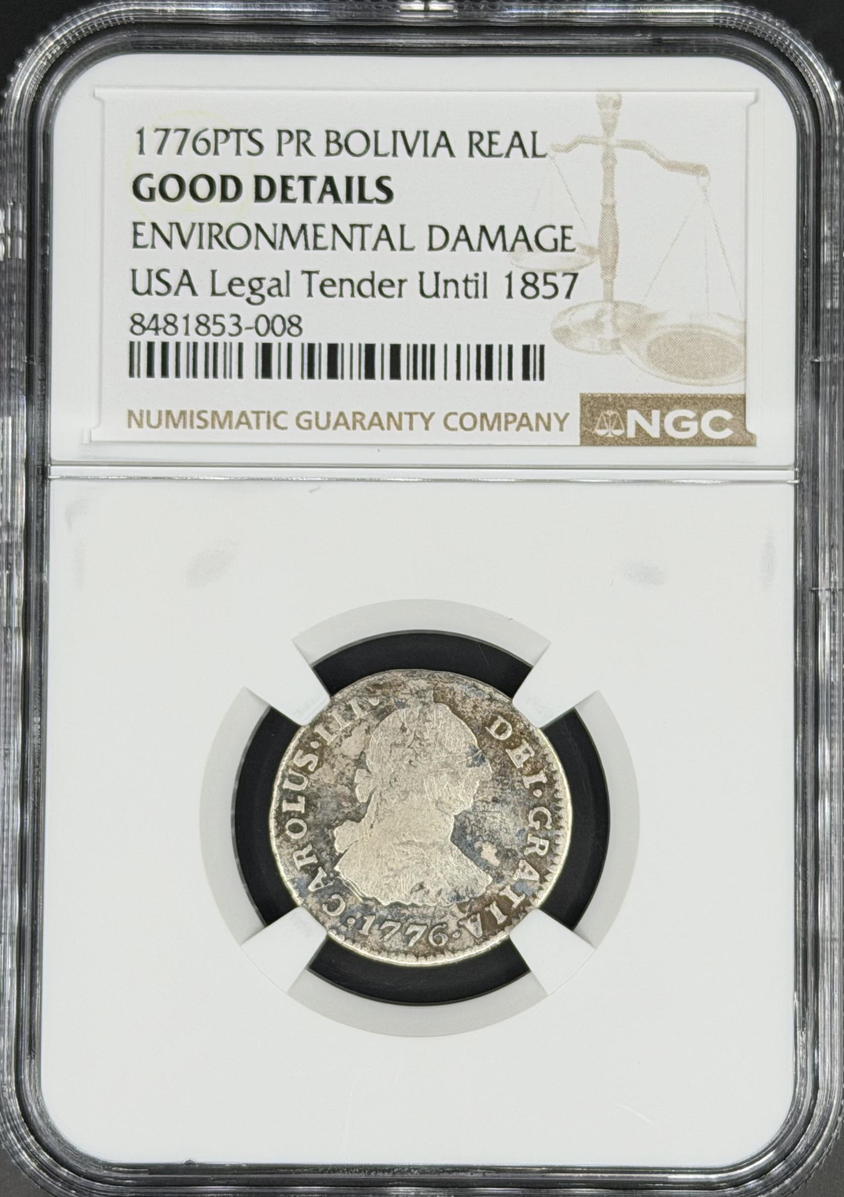 1776 PTS-PR 1 Real Spanish Colonial Bolivia, Potosi NGC G *U.S. Legal Tender*