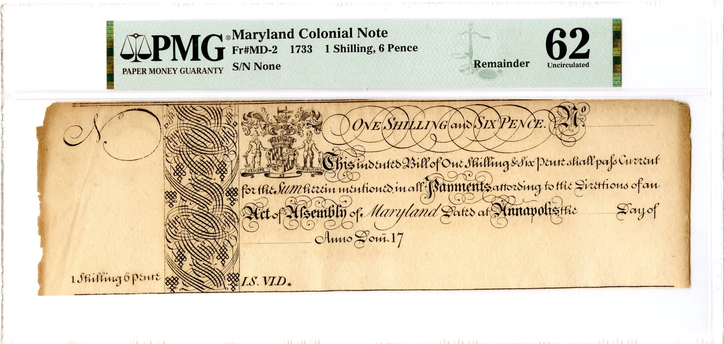 Maryland Colonial Note Fr#MD-2 1733 1s6d PMG UNC 62 *Scarce*