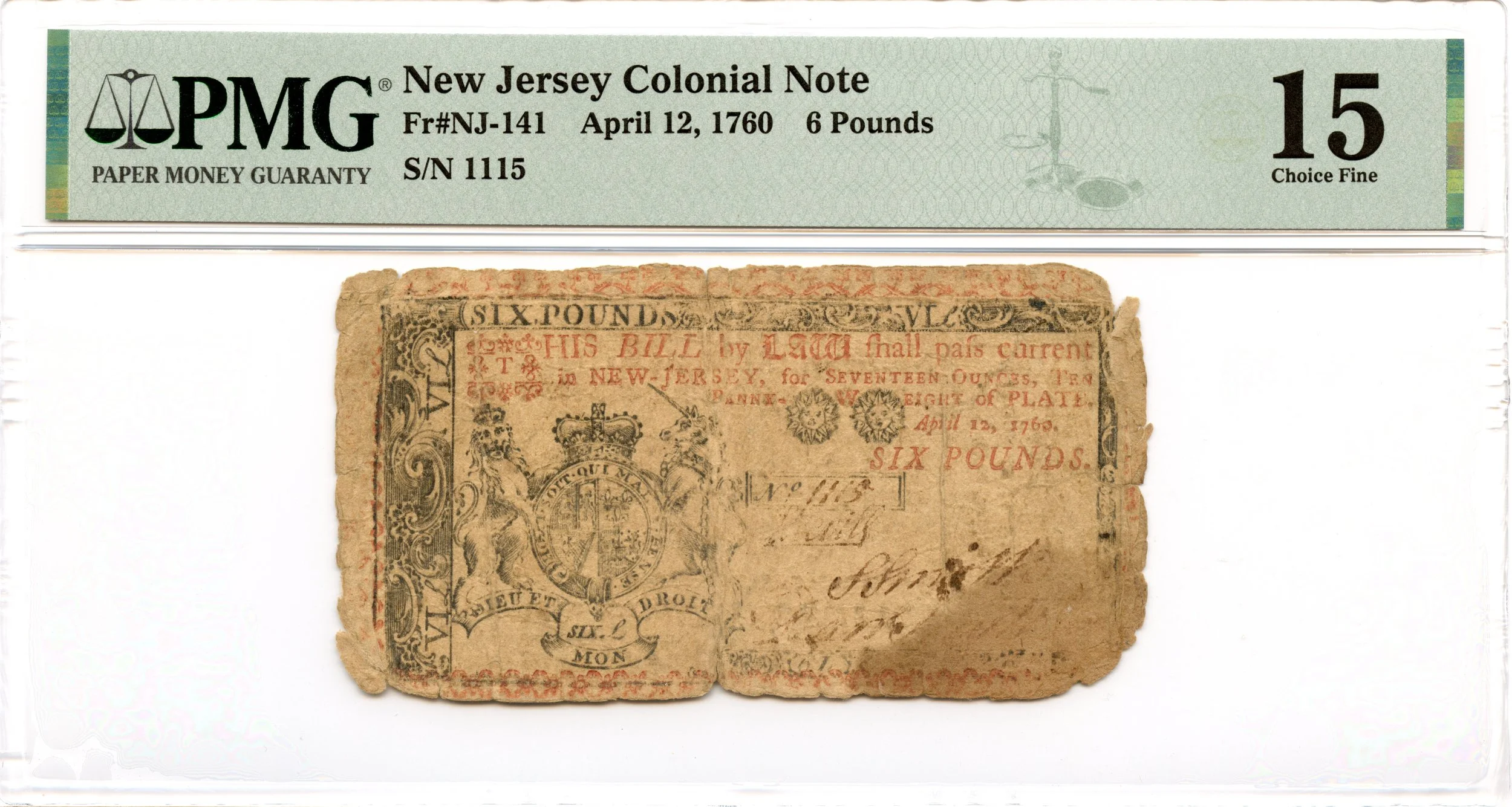 New Jersey Colonial Note Fr#NJ-141 April 12, 1760 6 Pounds PMG F-15