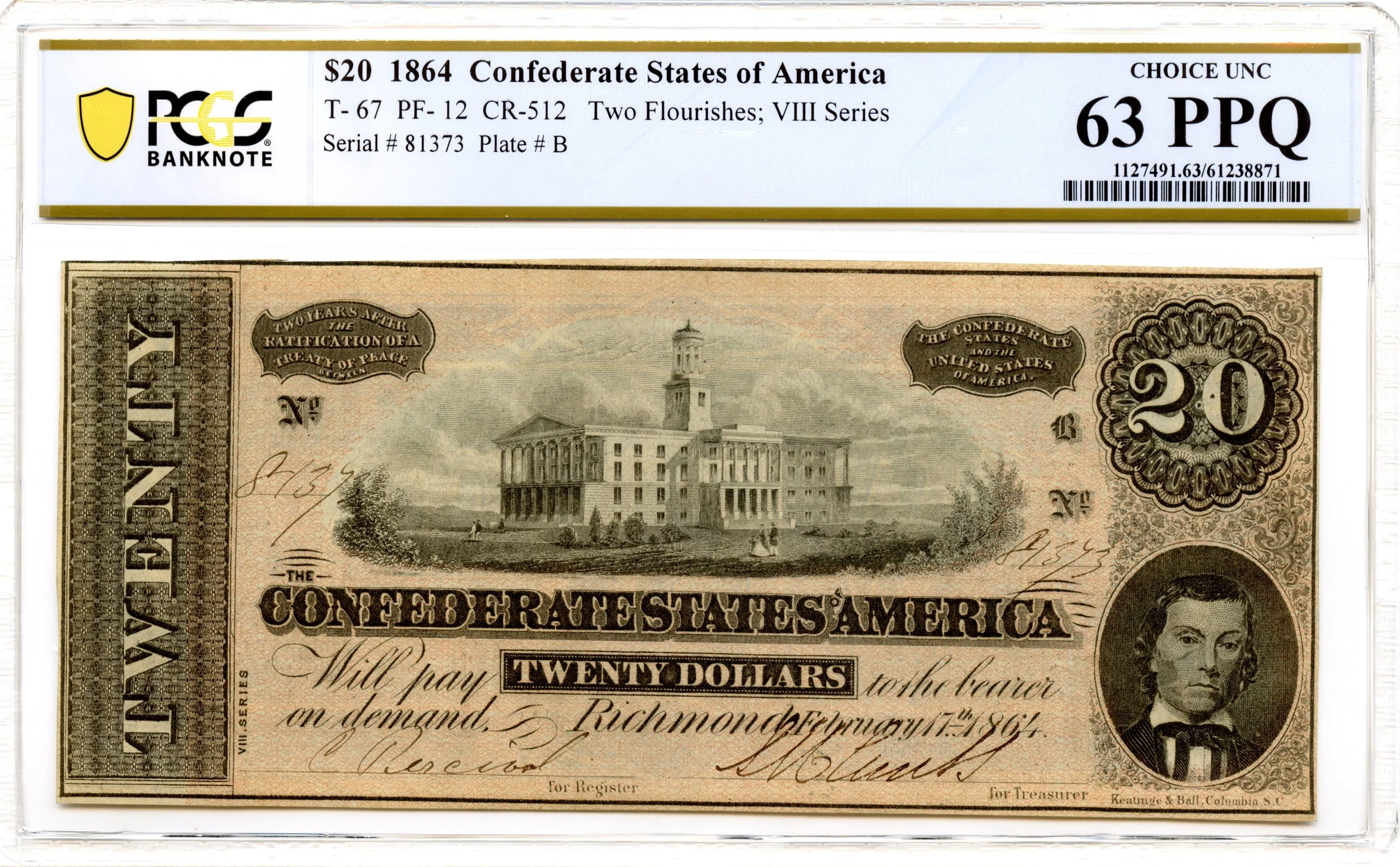 1864 $20 Confederate States of America T-67 CSA PCGS CU-63 PPQ