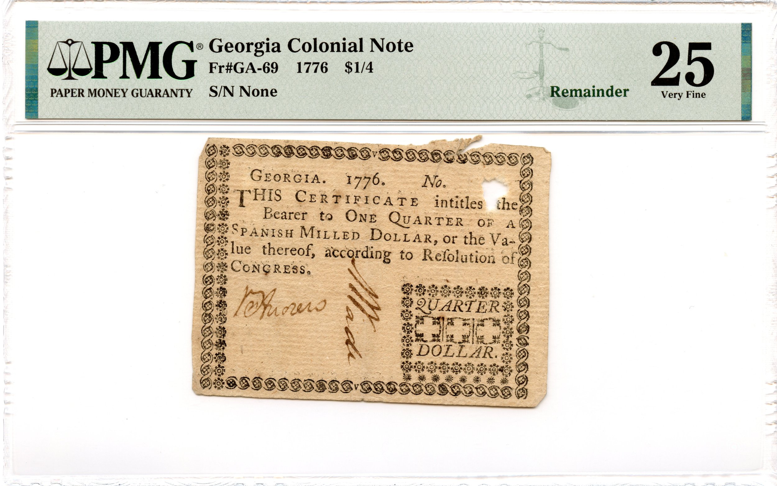 Georgia Colonial Note Fr#GA-69 1776 $1/4 PMG VF-25