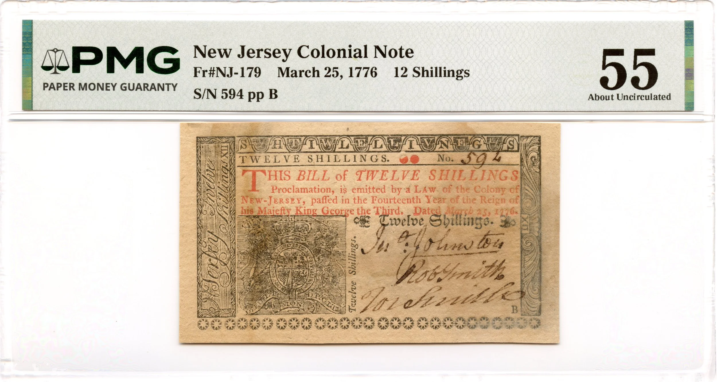 New Jersey Colonial Note Fr#NJ-179 March 25, 1776 12s PMG AU-55