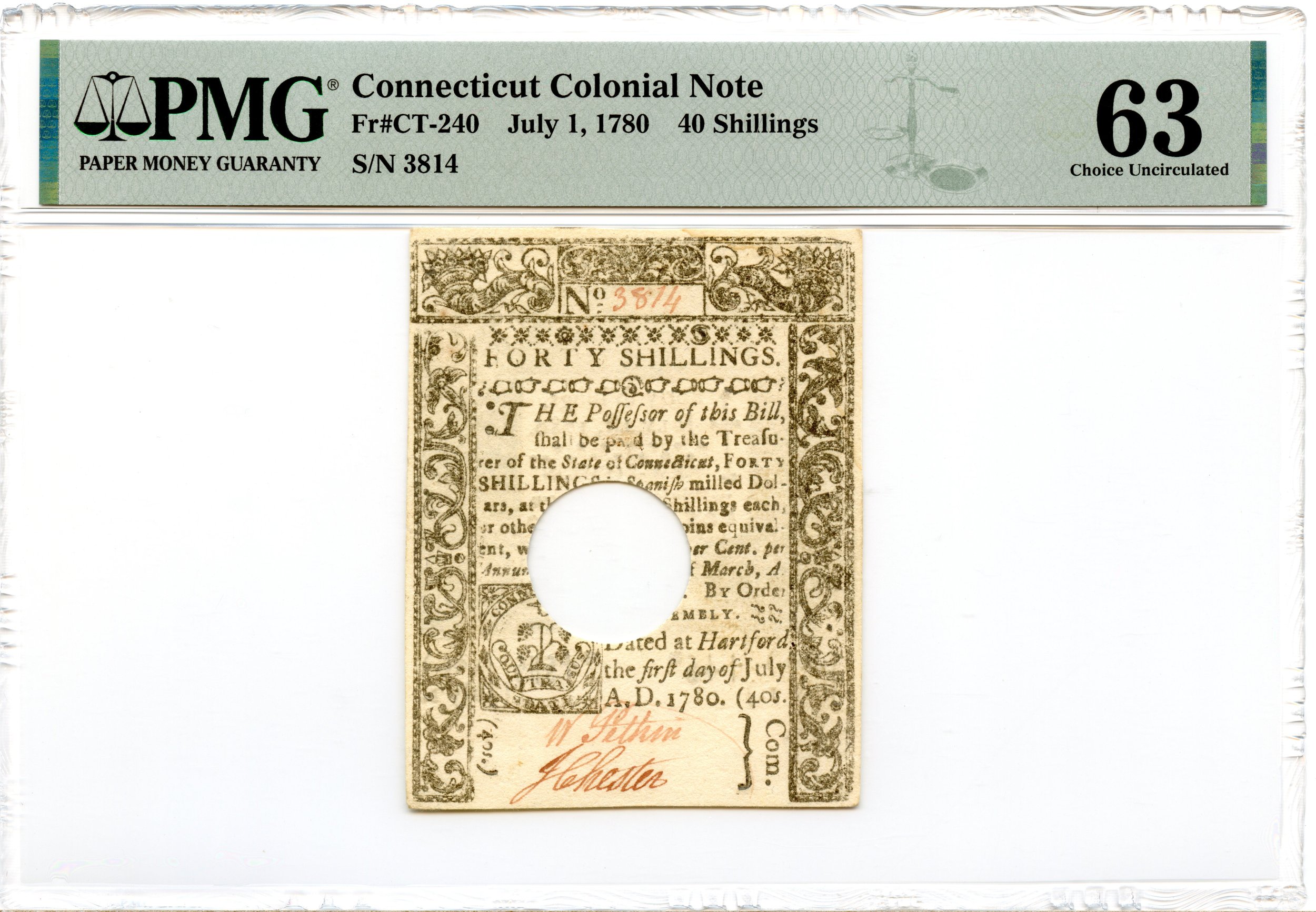 Connecticut Colonial Note Fr#CT-240 July 1, 1780 40s PMG CU-63