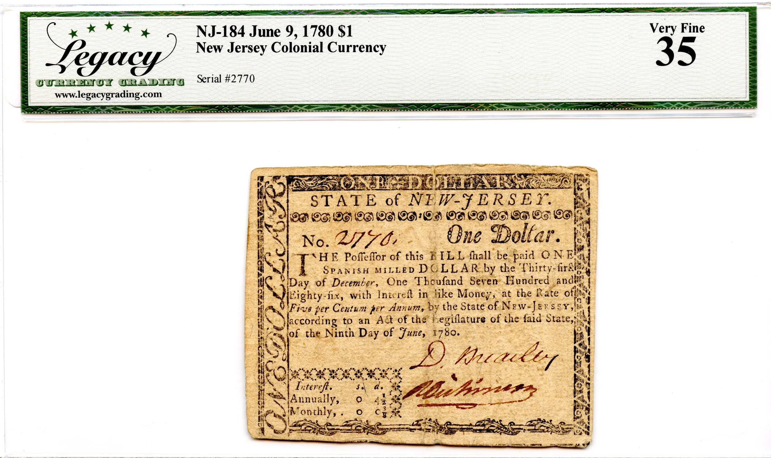 New Jersey Colonial Note Fr#NJ-184 June 9, 1780 $1 Legacy VF-35 *David Brearley*