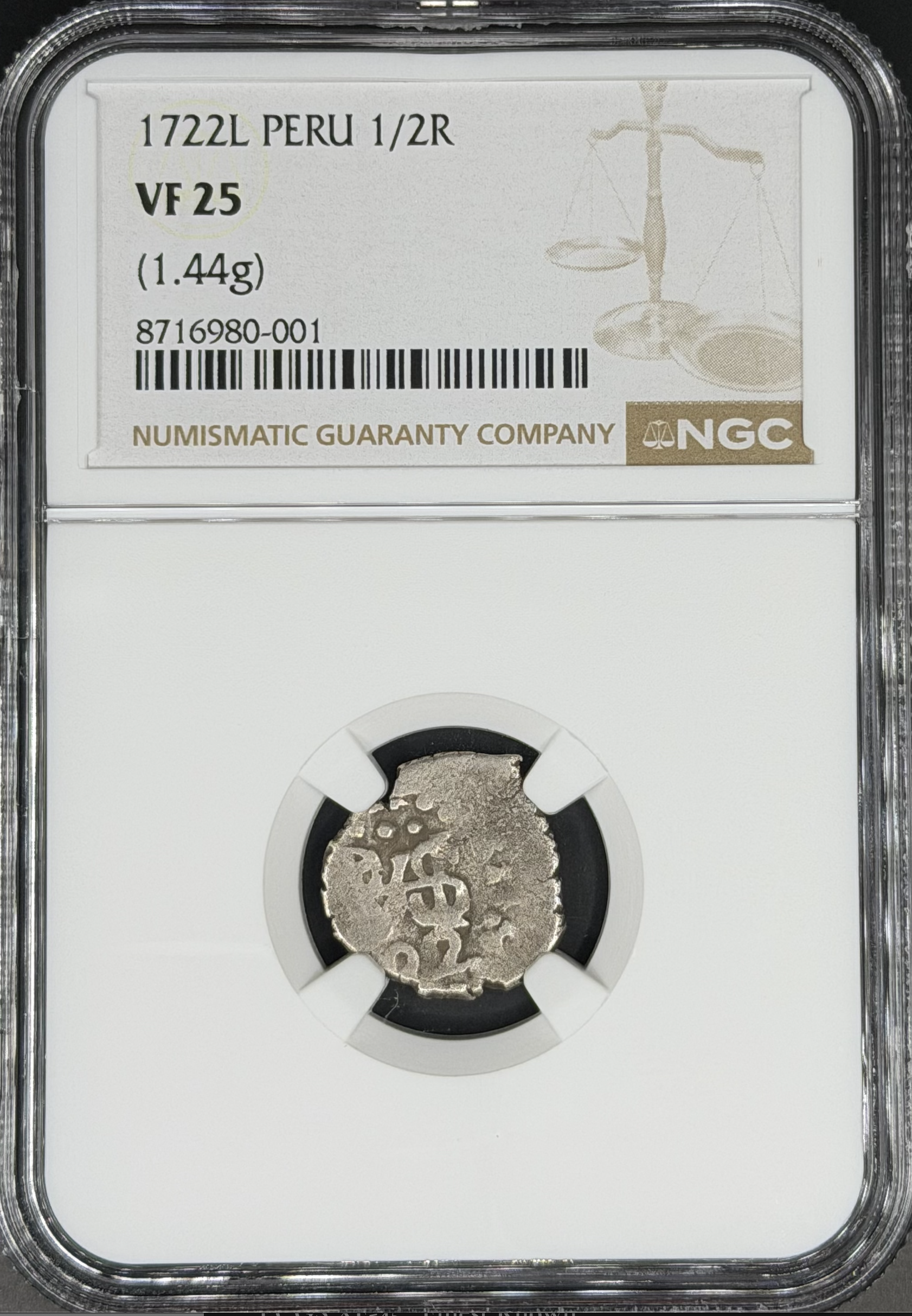 1722 L 1/2 Real Cob Spanish Colonial Peru, Lima NGC VF-25 *Full Date*
